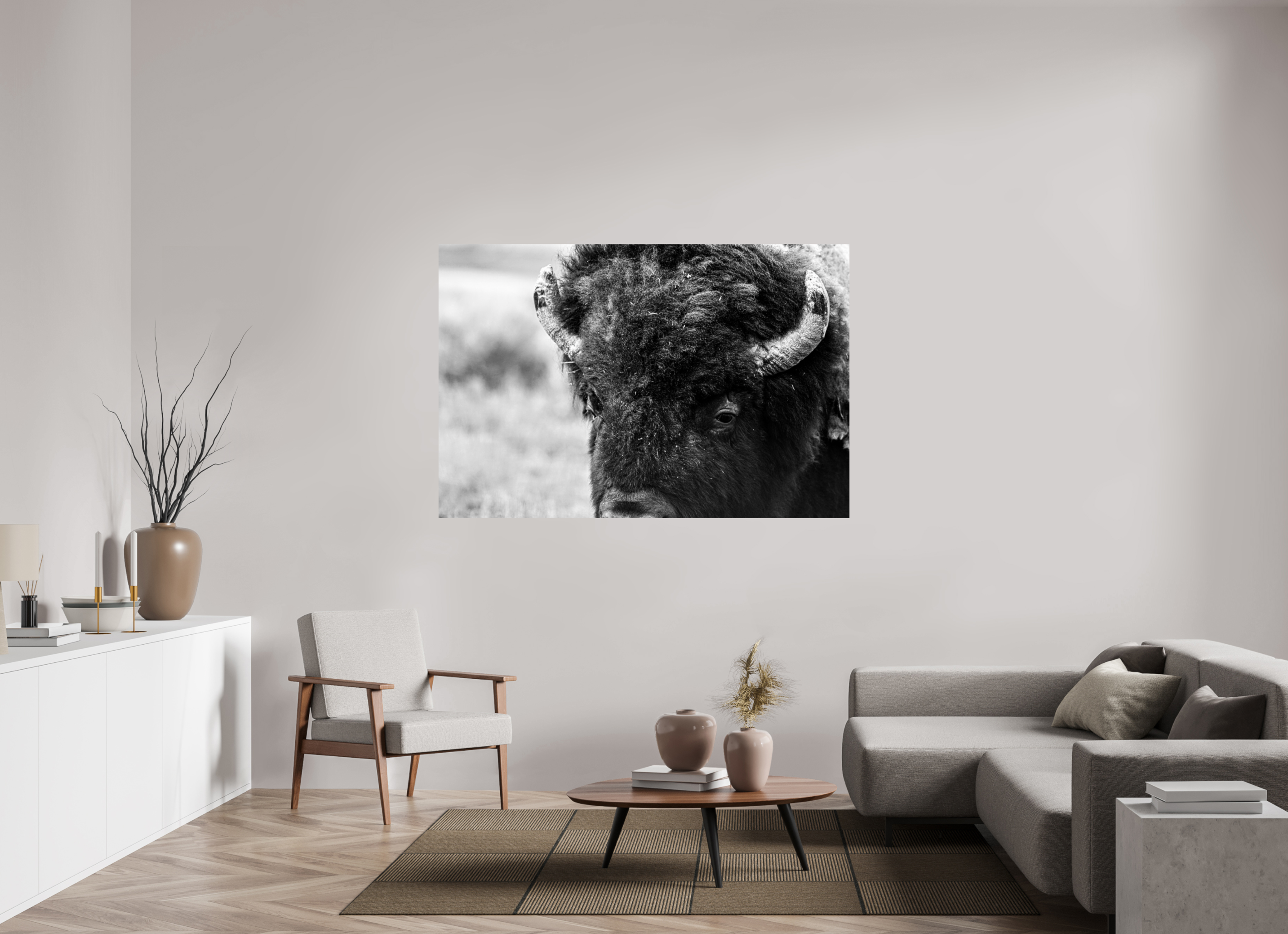 66 x 44″, METAL Bison Monochrome Portrait Close up