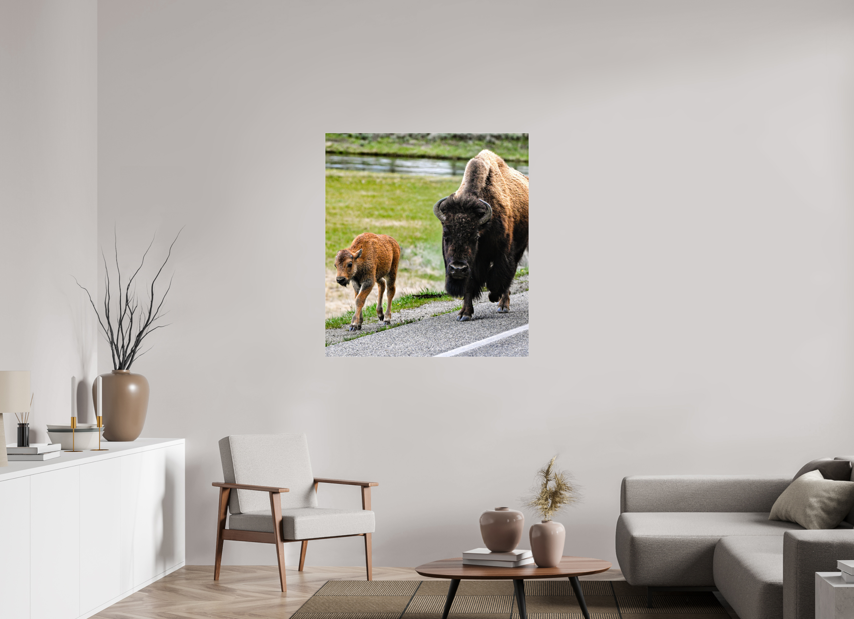39 x 43″, ACRYLIC Bison and Red Dog On the Street