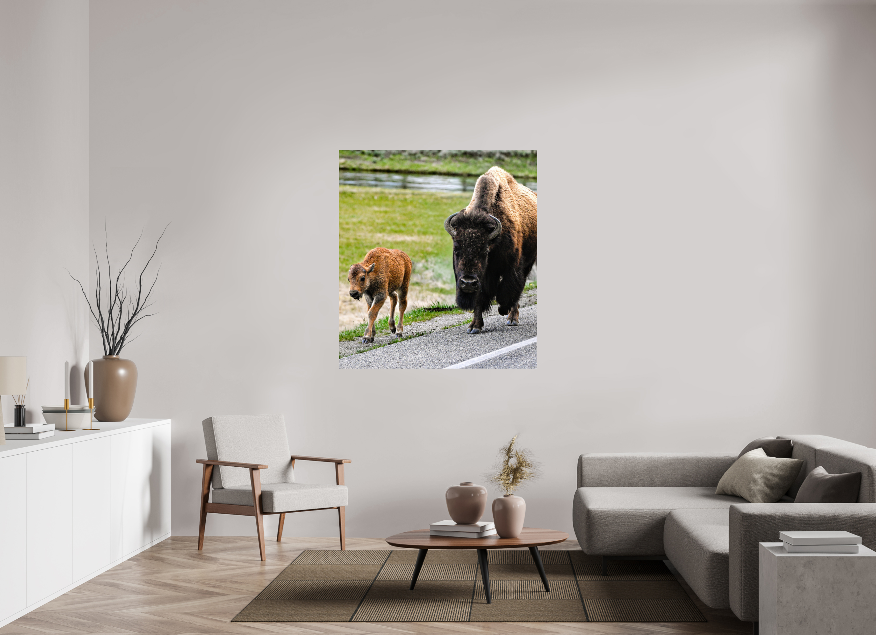 47 x 51.8″, PHOTO PAPER Bison and Red Dog On the Street