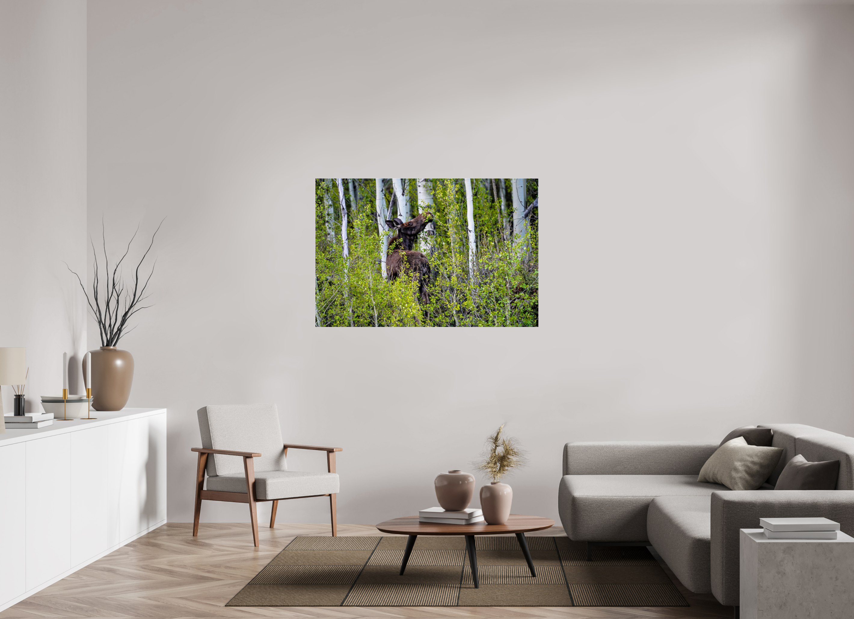54 x 36″, ACRYLIC Cow Moose Snacking on Aspens