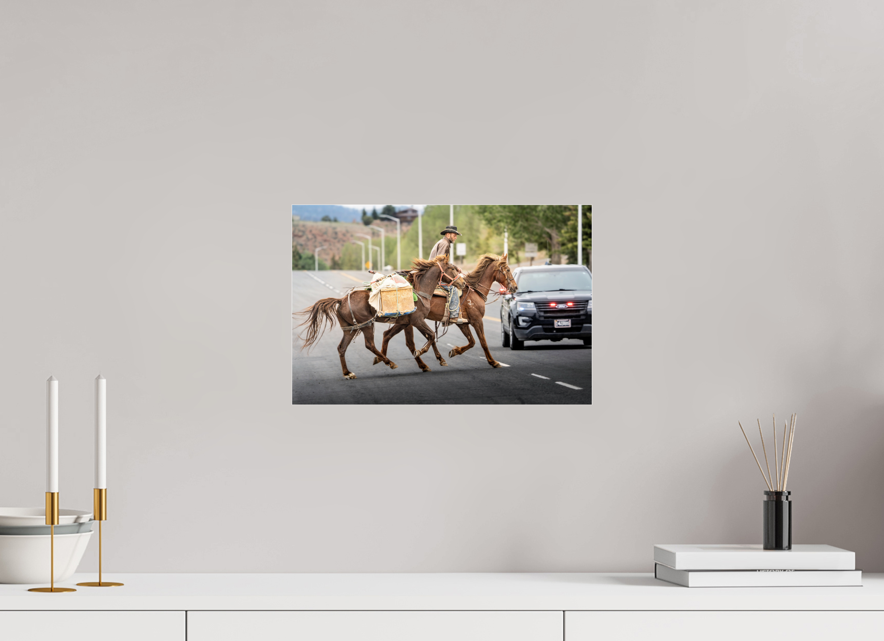 15 x 10″, ACRYLIC Pack Horses Crossing the Street