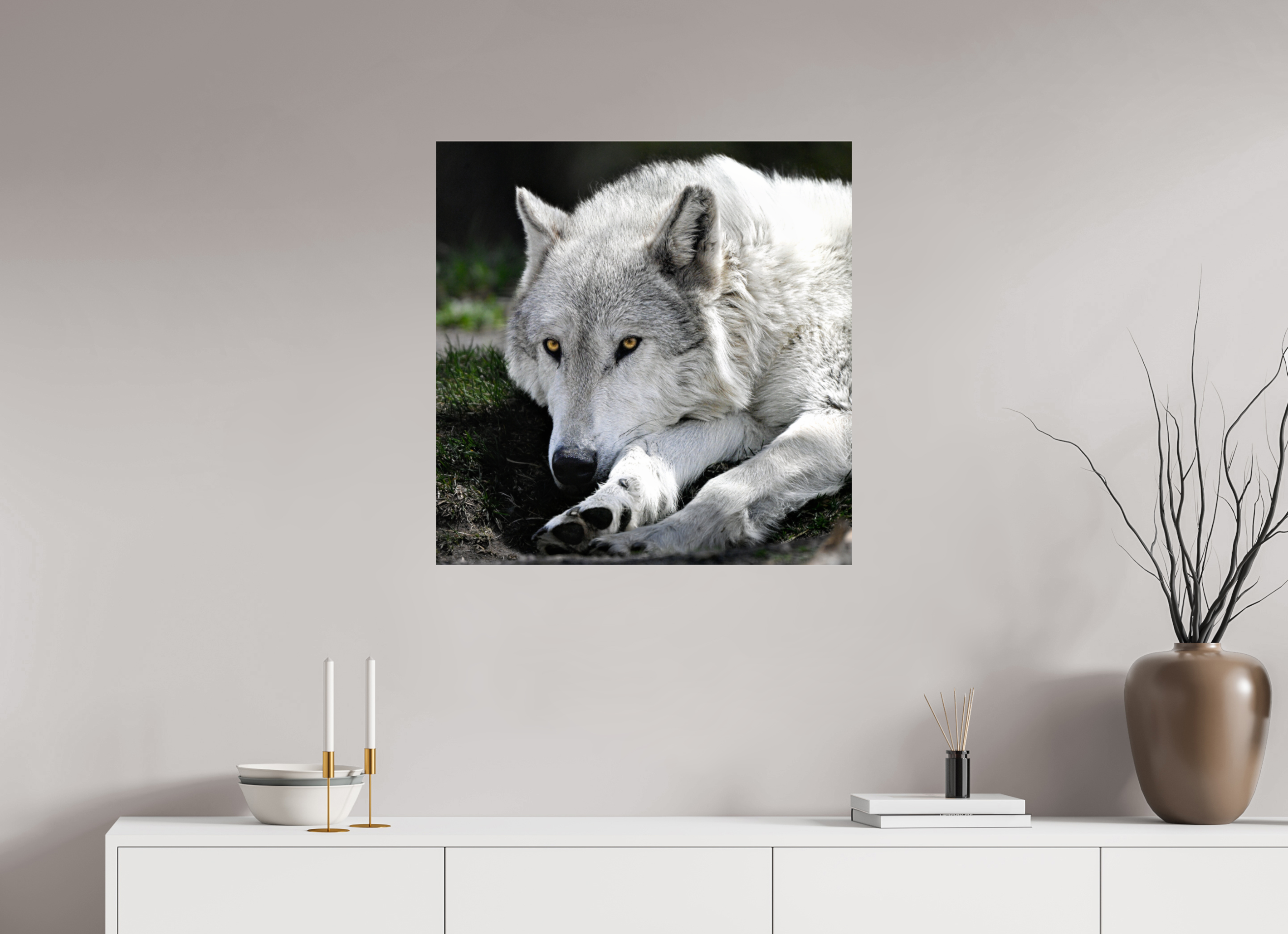 28 x 28.5″, ACRYLIC Wolf With Yellow Eyes