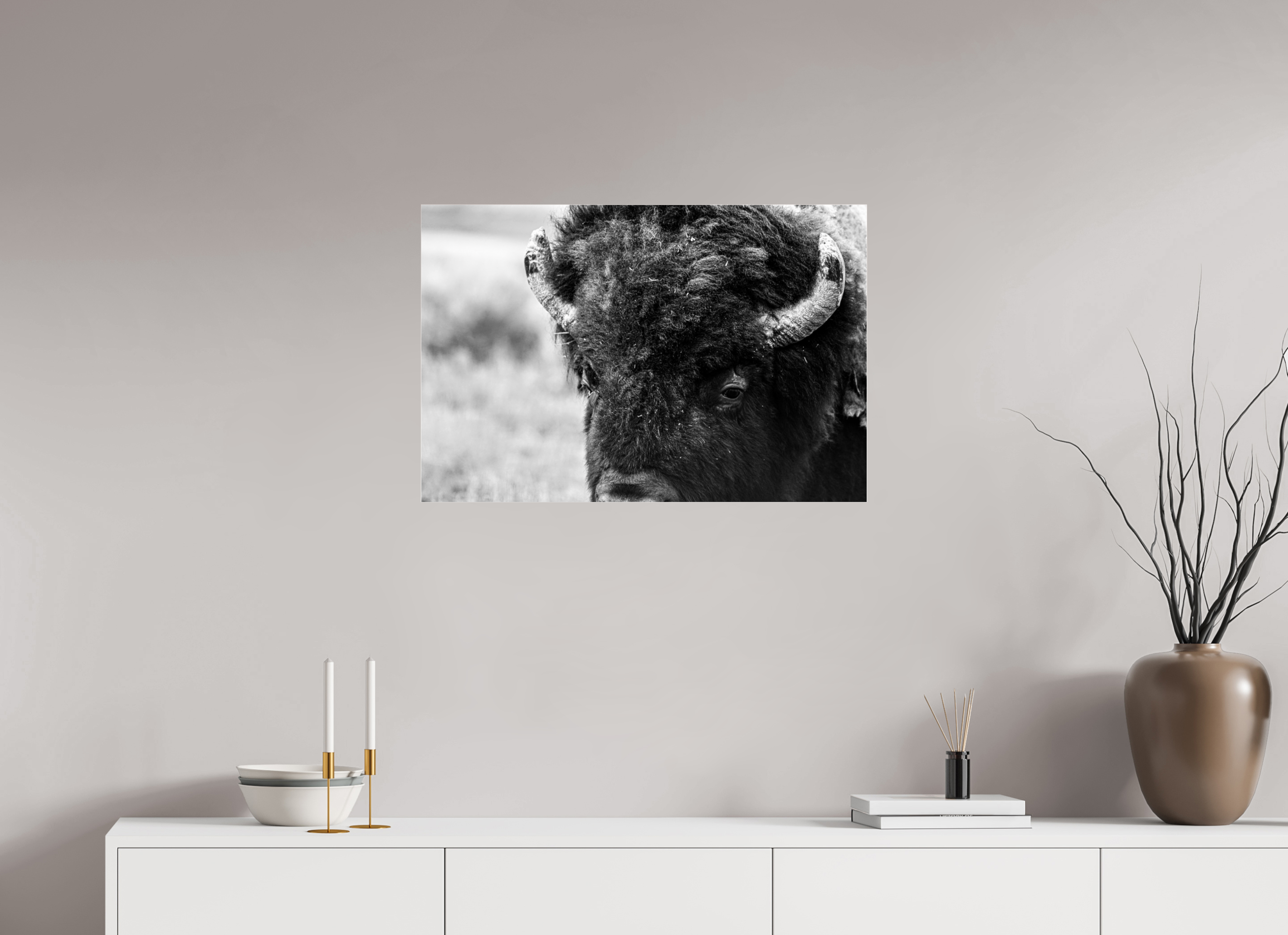 30 x 20″, ACRYLIC Bison Monochrome Portrait Close up
