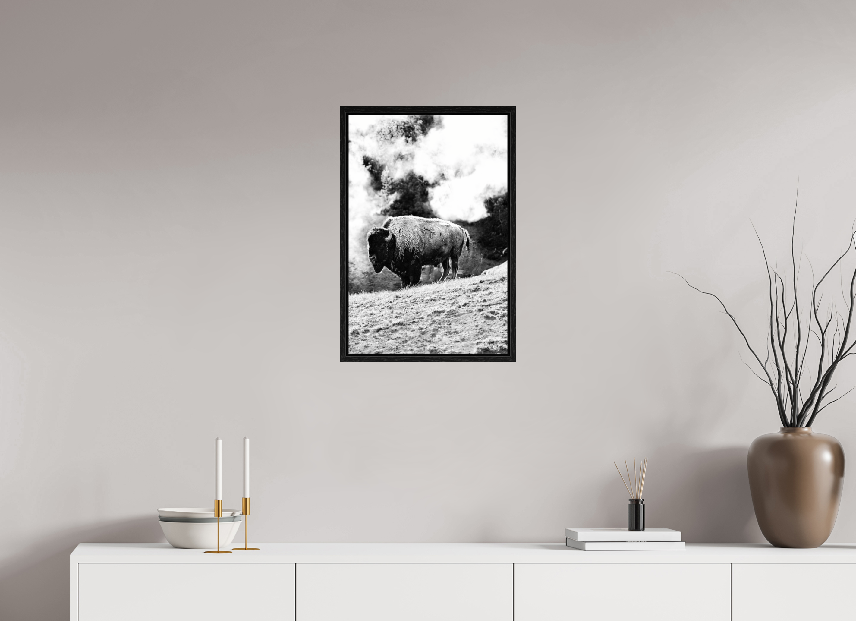16 x 24″, Floater Frame Black and White Bison with steam background