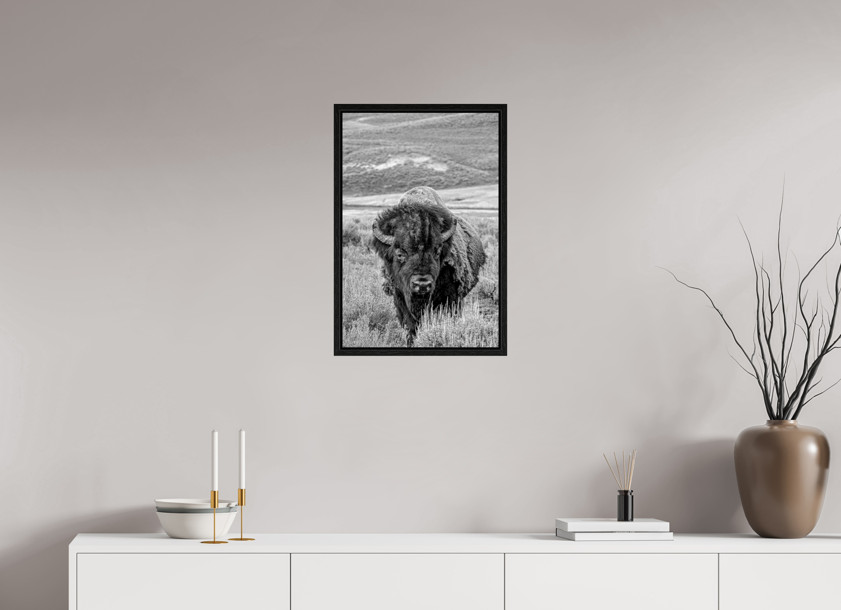 16 x 24″, Floater Frame Black and White Bison Portrait