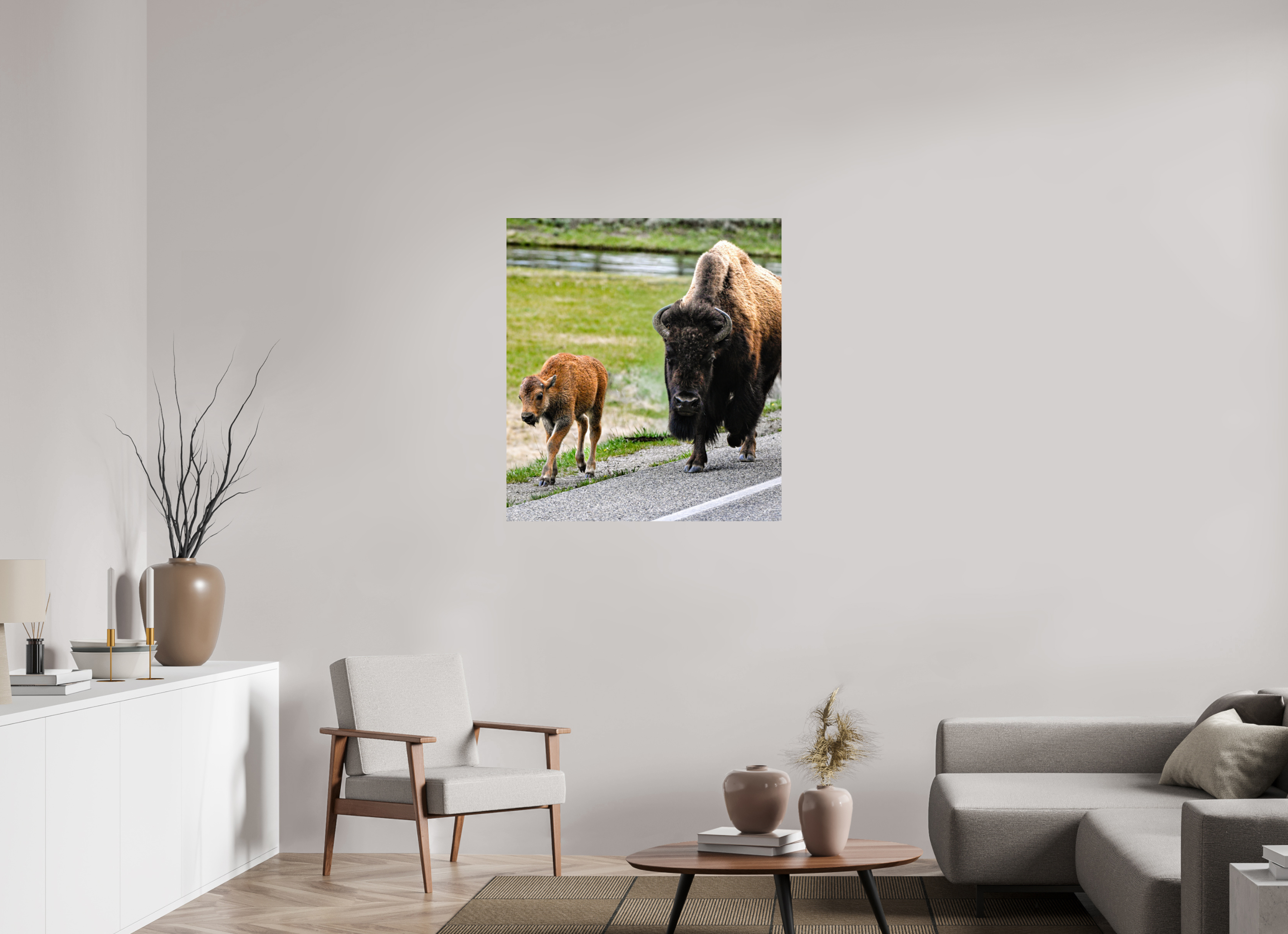 35 x 38.6″, METAL Bison and Red Dog On the Street