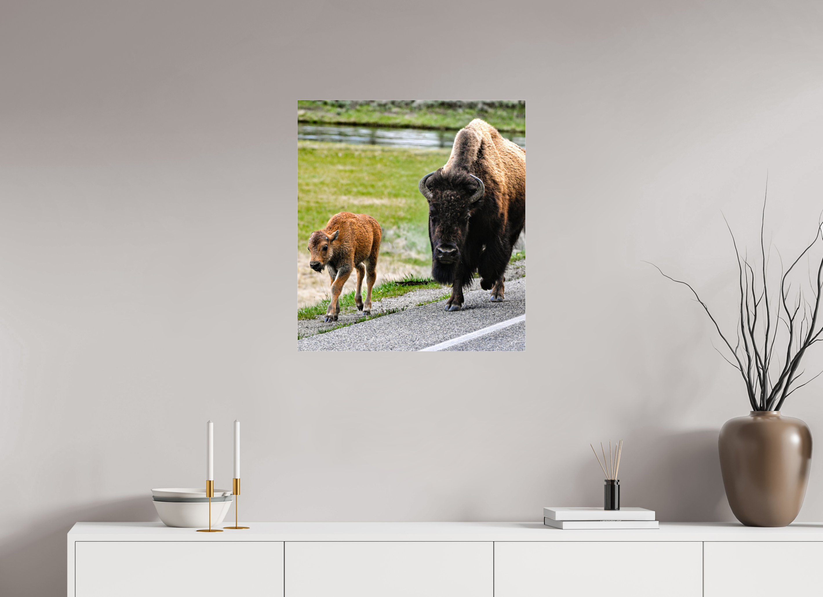 24 x 26.5″, ACRYLIC Bison and Red Dog On the Street