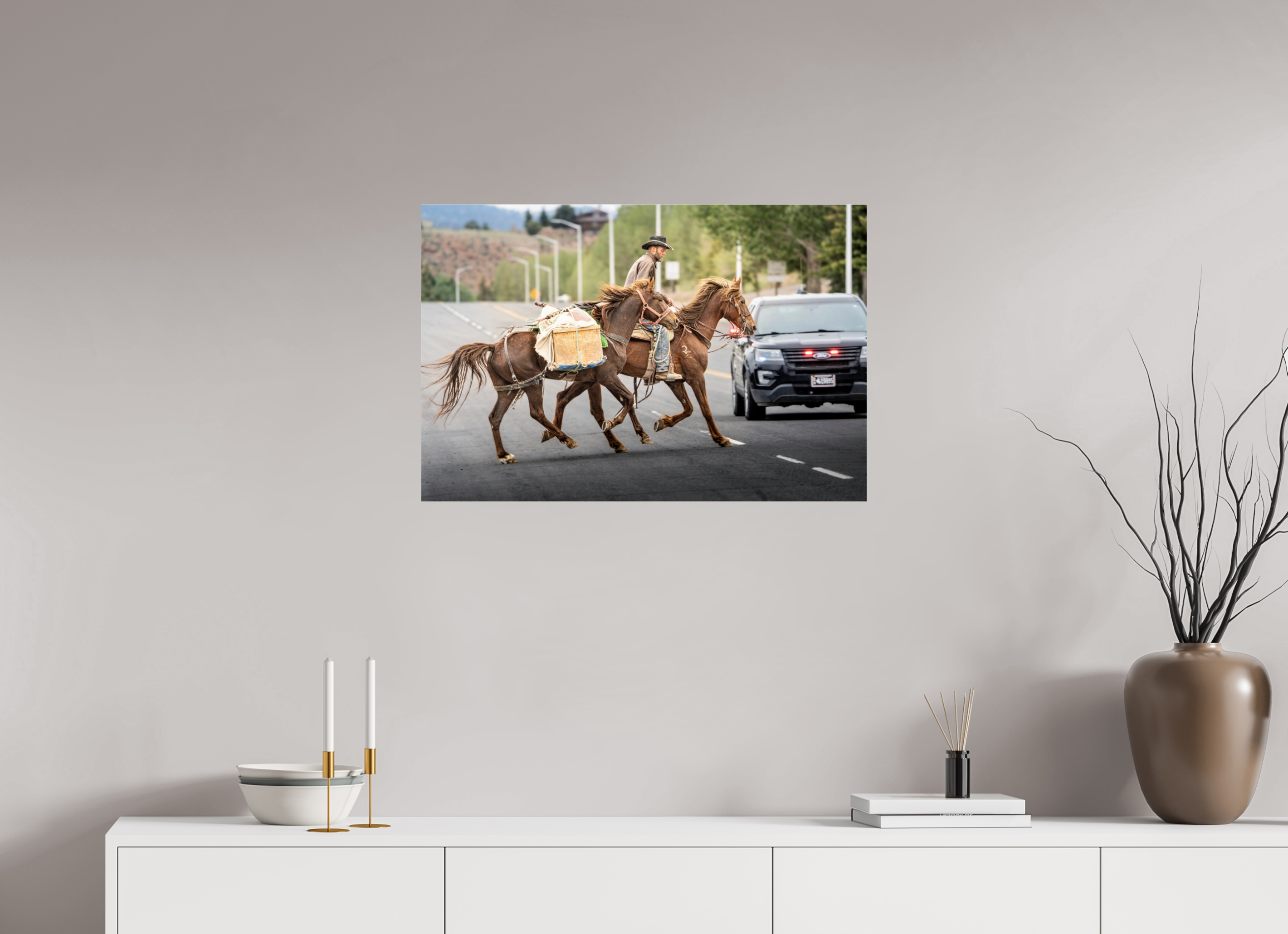 30 x 20″, ACRYLIC Pack Horses Crossing the Street