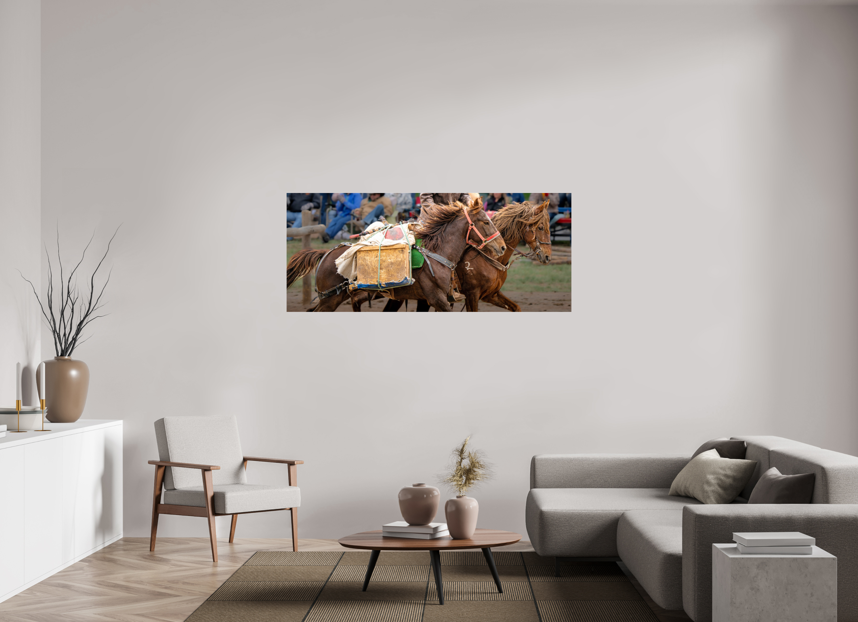 67 x 28″, ACRYLIC Pack Horses in Action