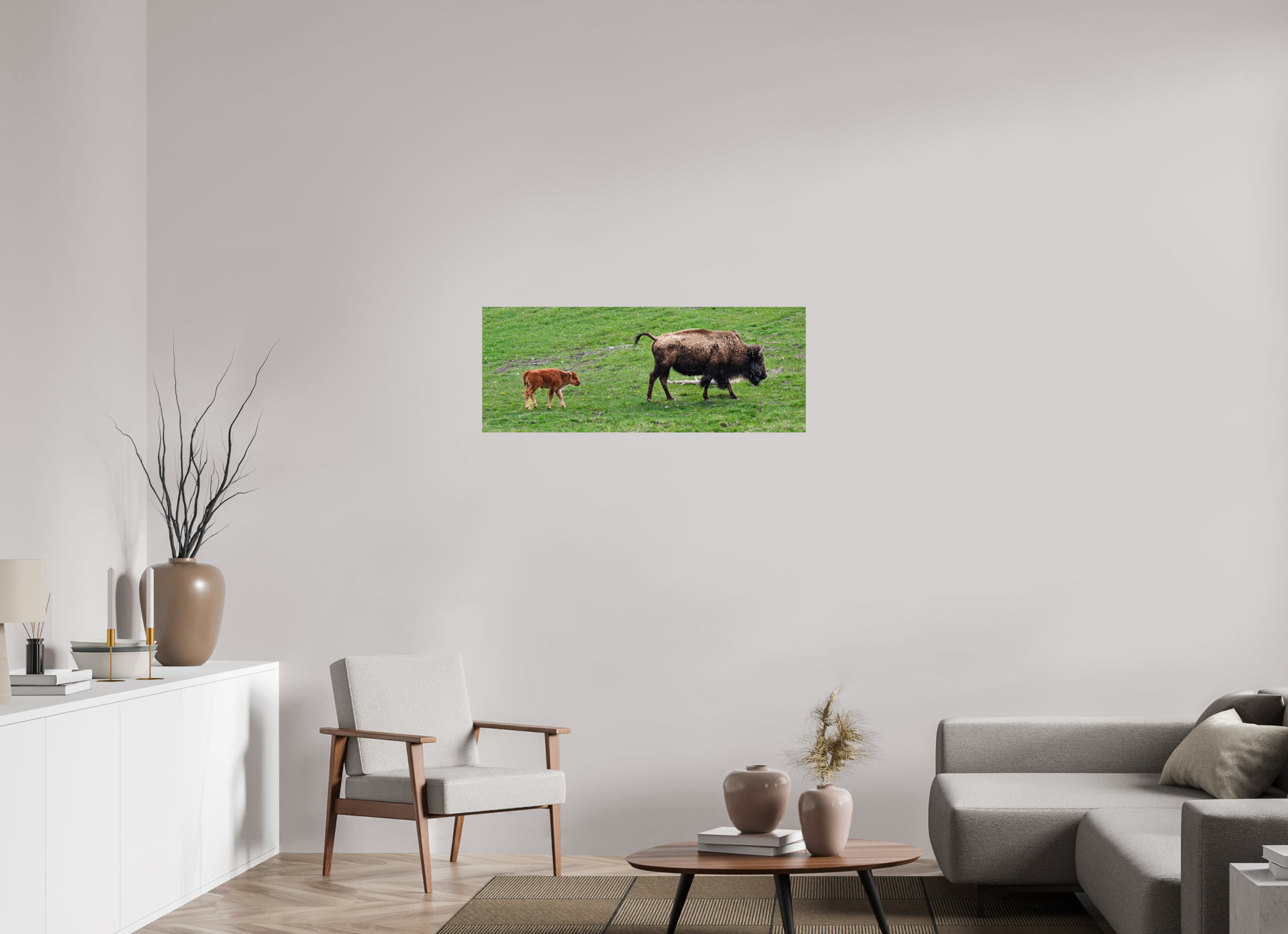 41.2 x 16″, METAL Bison and her Red Dog Following