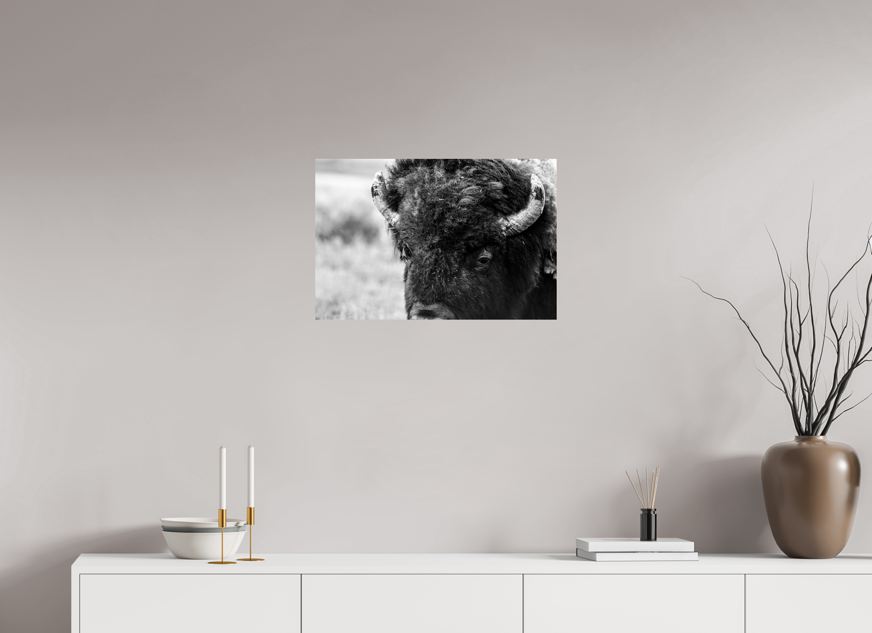 24 x 16″, METAL Bison Monochrome Portrait Close up
