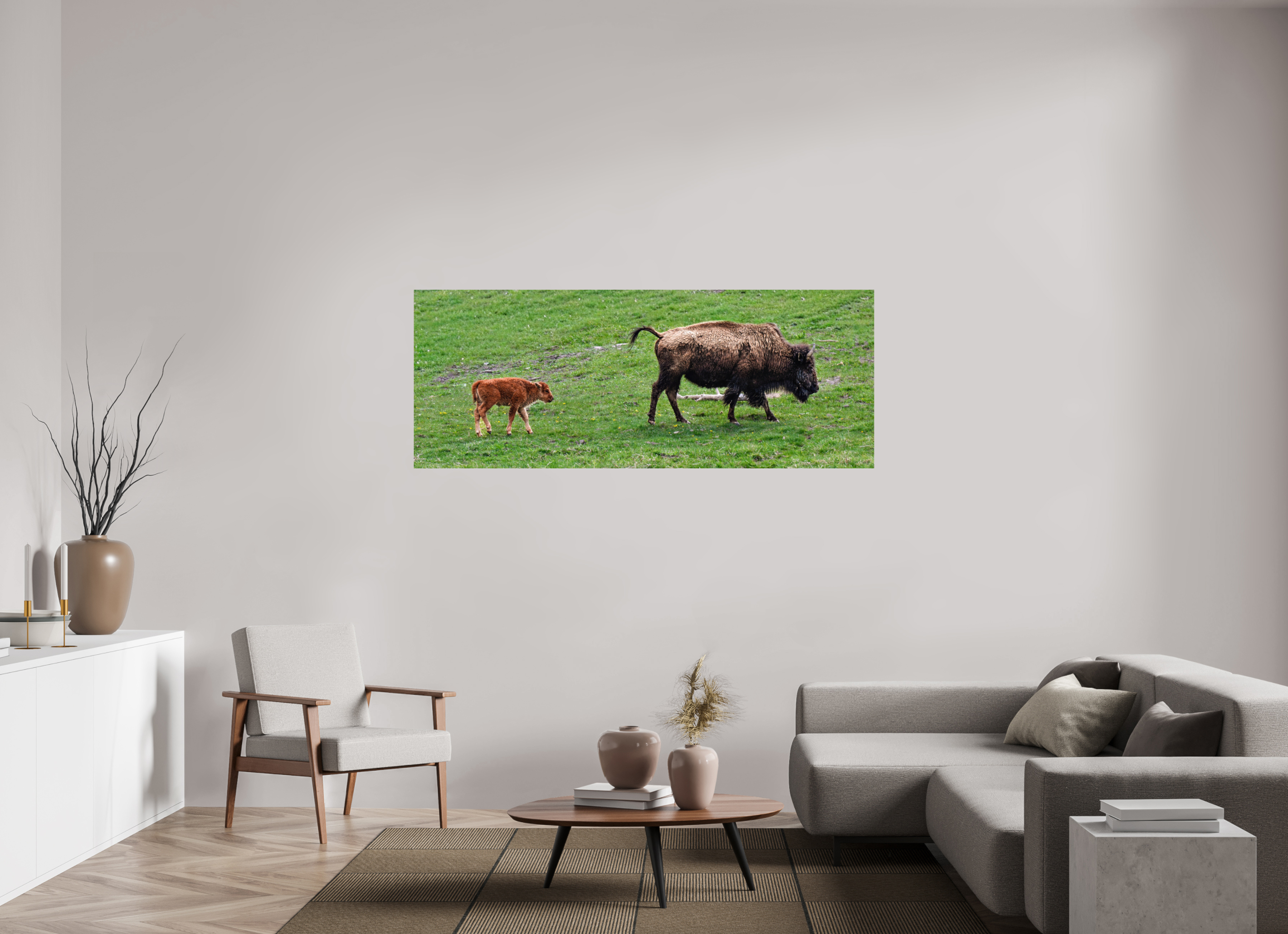 72.1 x 28″, METAL Bison and her Red Dog Following