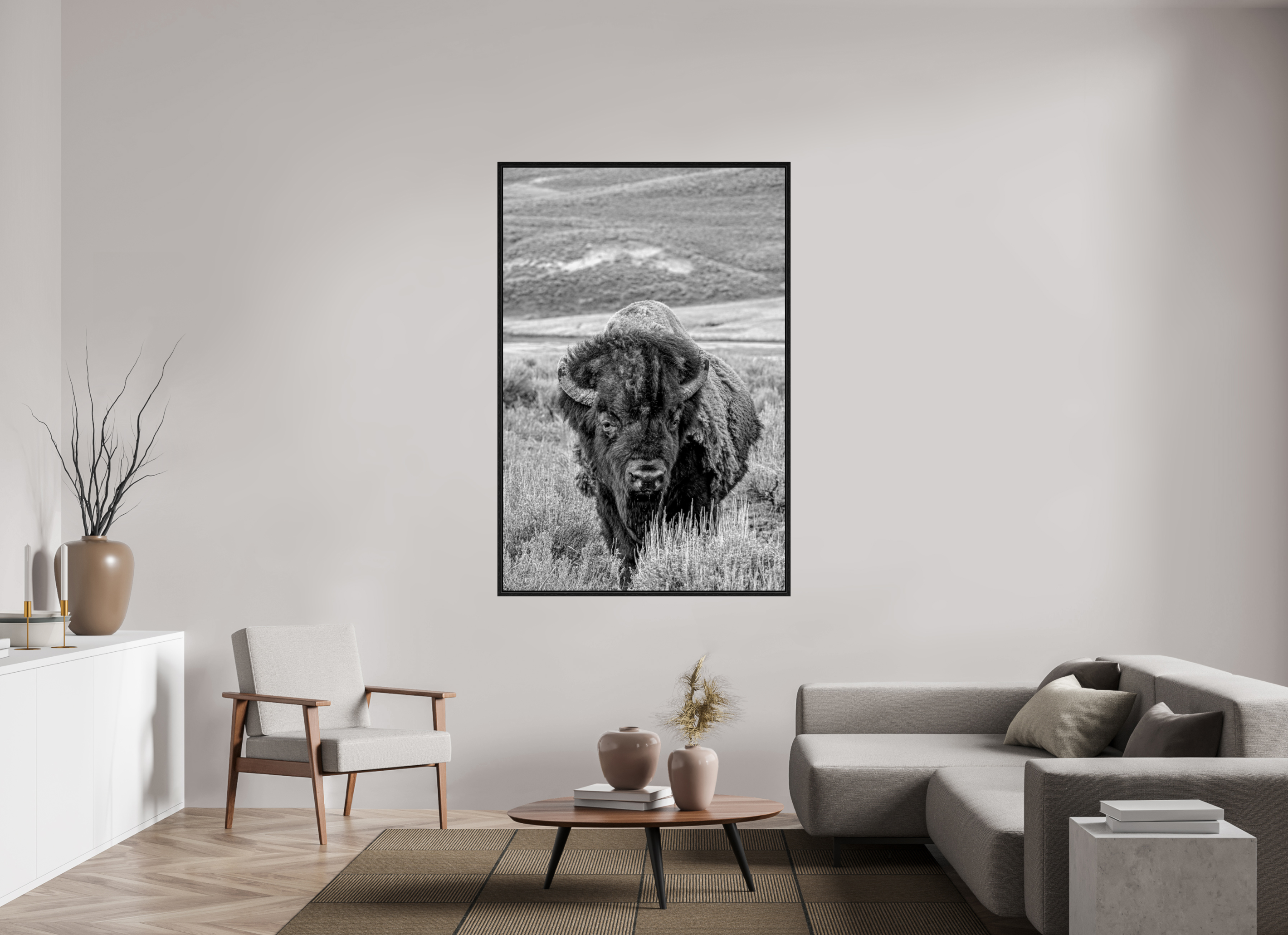 44 x 66″, Floater Frame Black and White Bison Portrait
