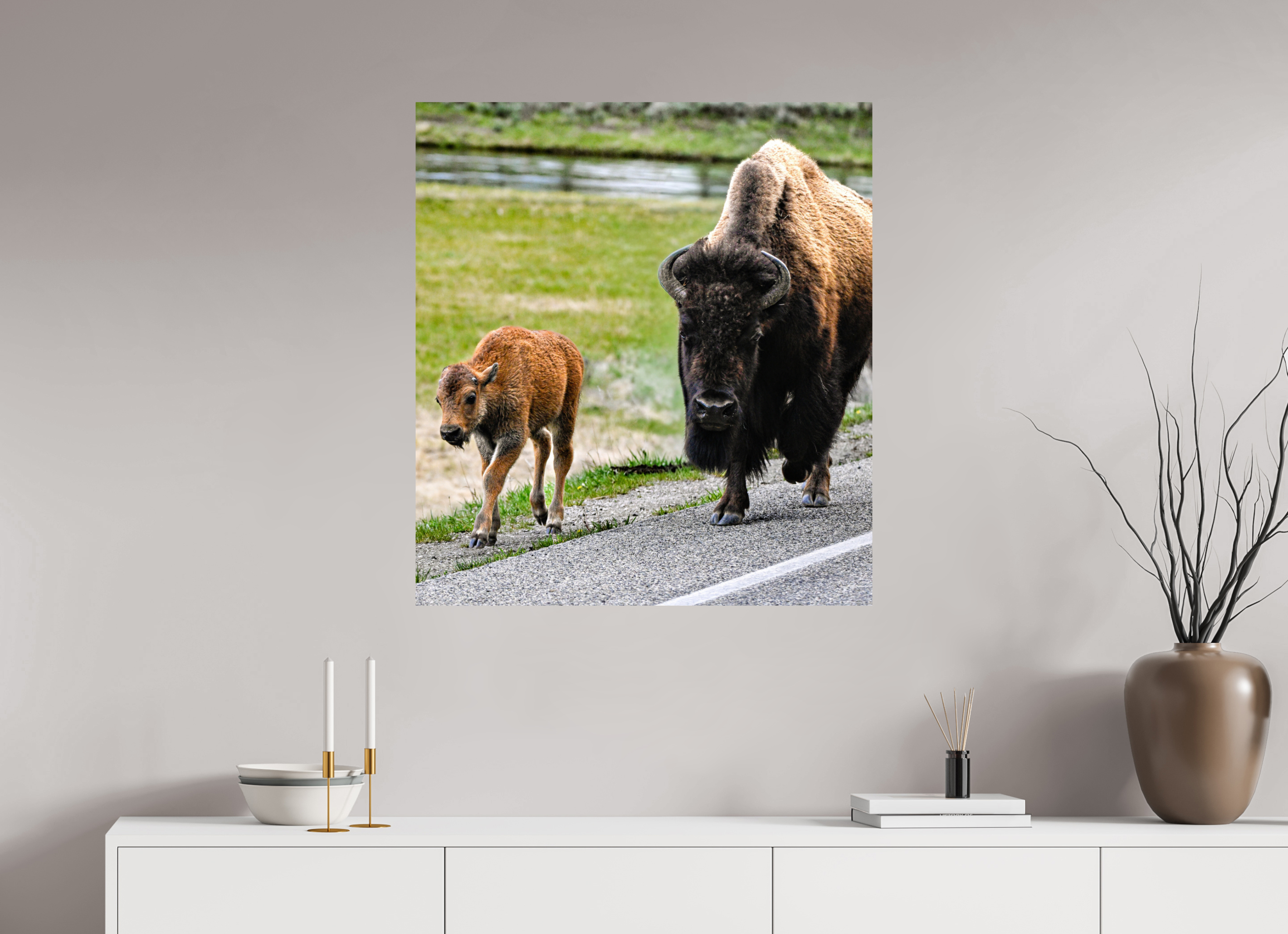 31 x 34.2″, PHOTO PAPER Bison and Red Dog On the Street