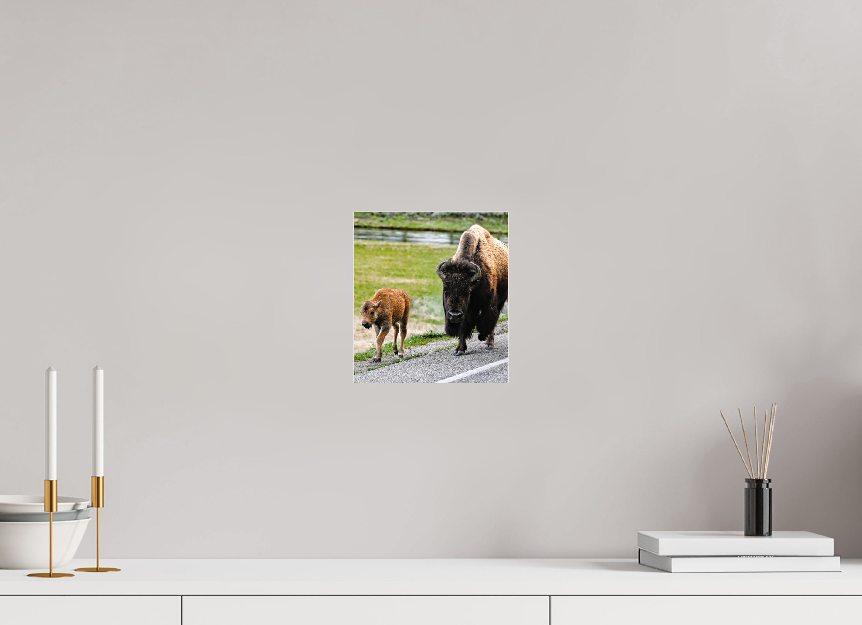 8 x 8.8″, ACRYLIC Bison and Red Dog On the Street