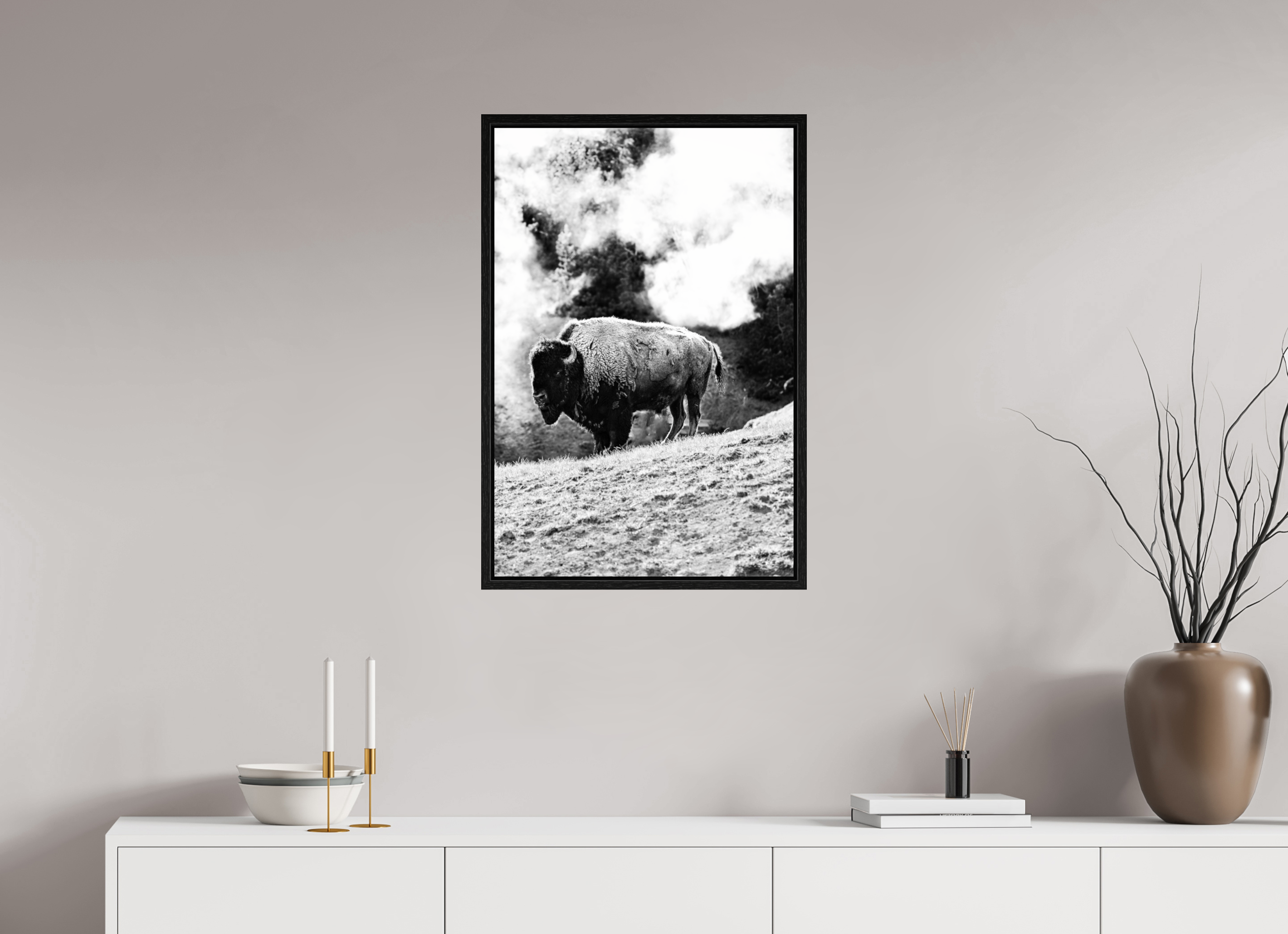 20 x 30″, Floater Frame Black and White Bison with steam background