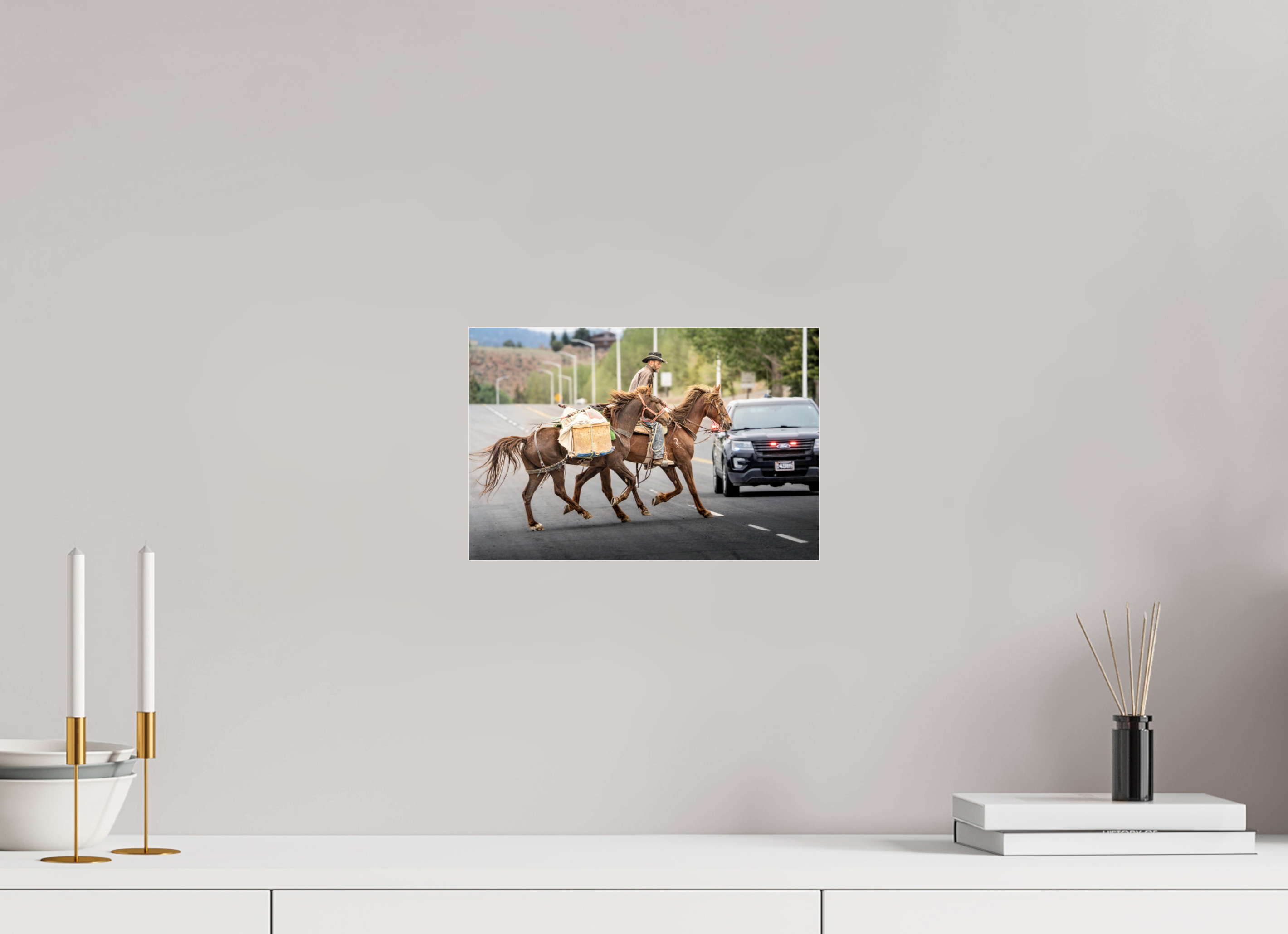 12 x 8″, ACRYLIC Pack Horses Crossing the Street