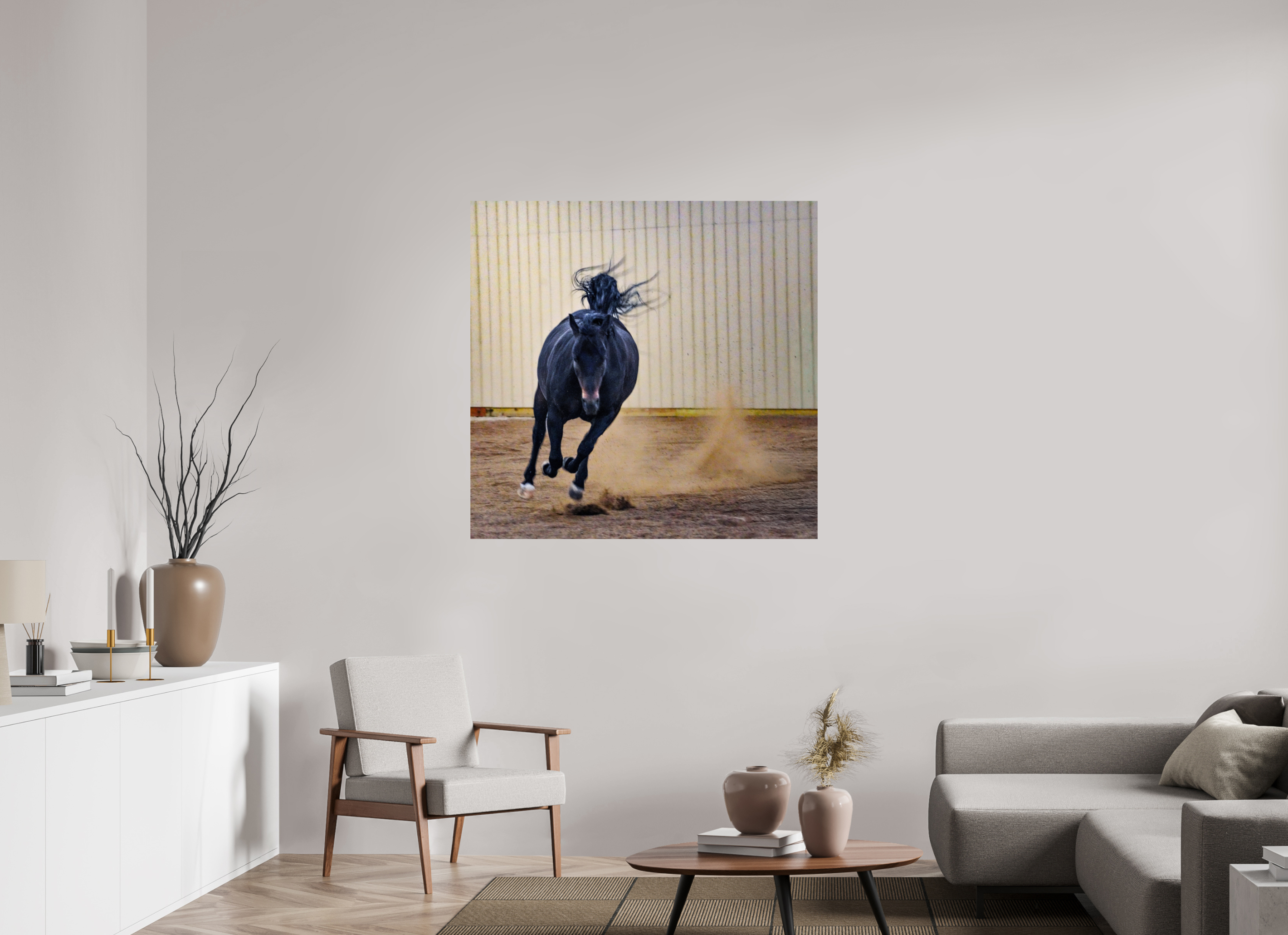 44.2 x 43″, METAL Bella Kicking Up Dust