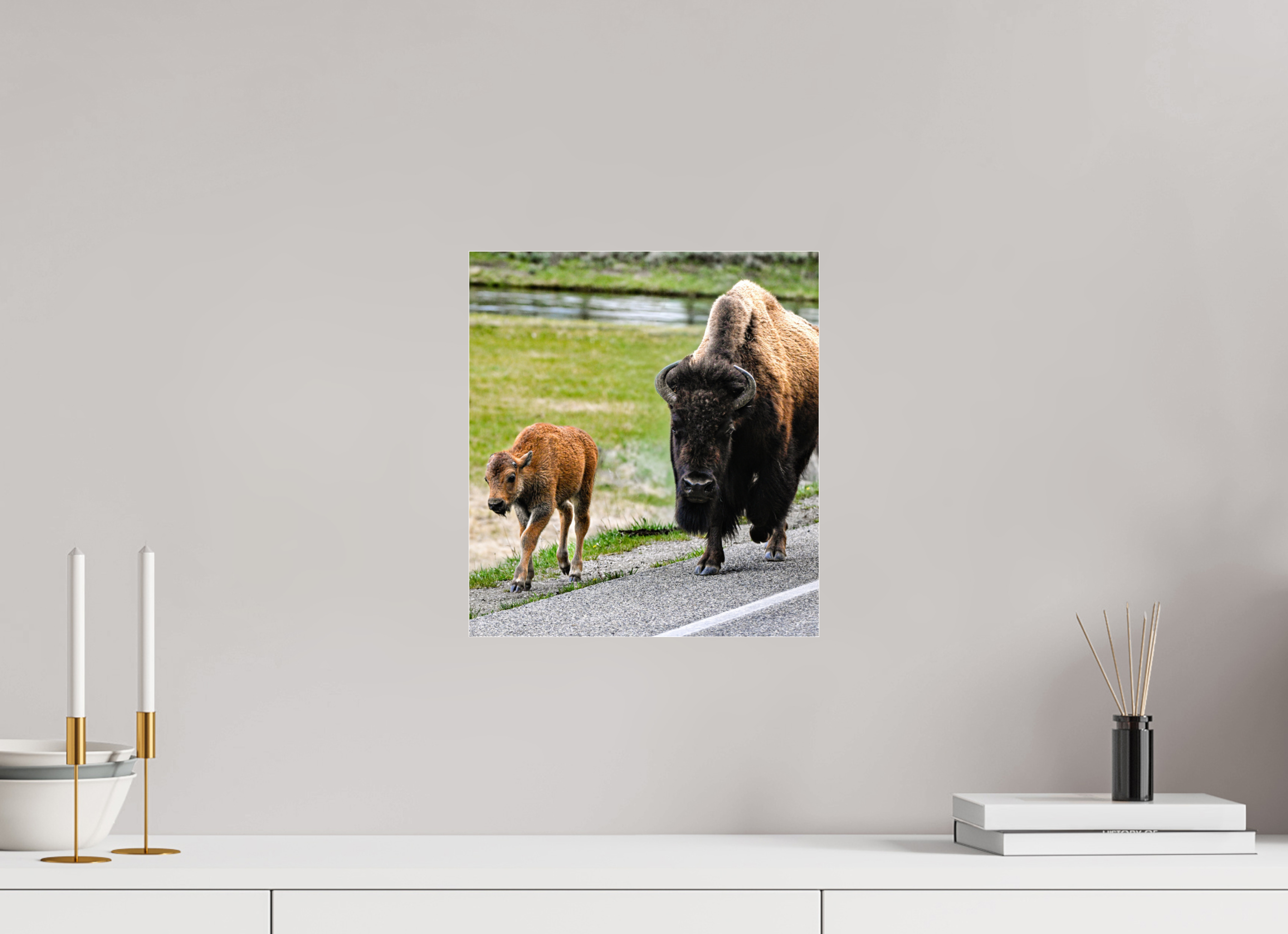 12 x 13.2″, ACRYLIC Bison and Red Dog On the Street