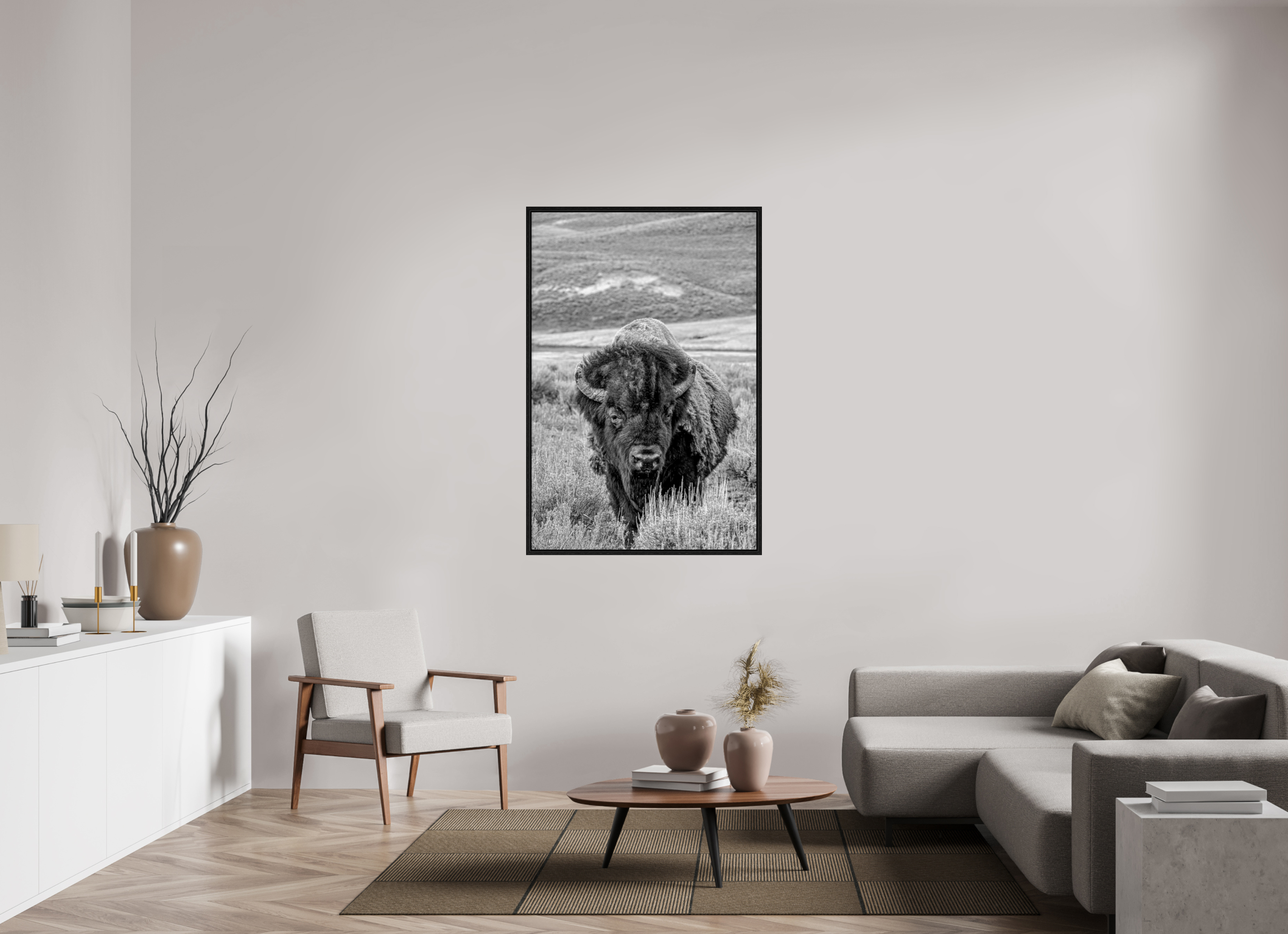 36 x 54″, Floater Frame Black and White Bison Portrait