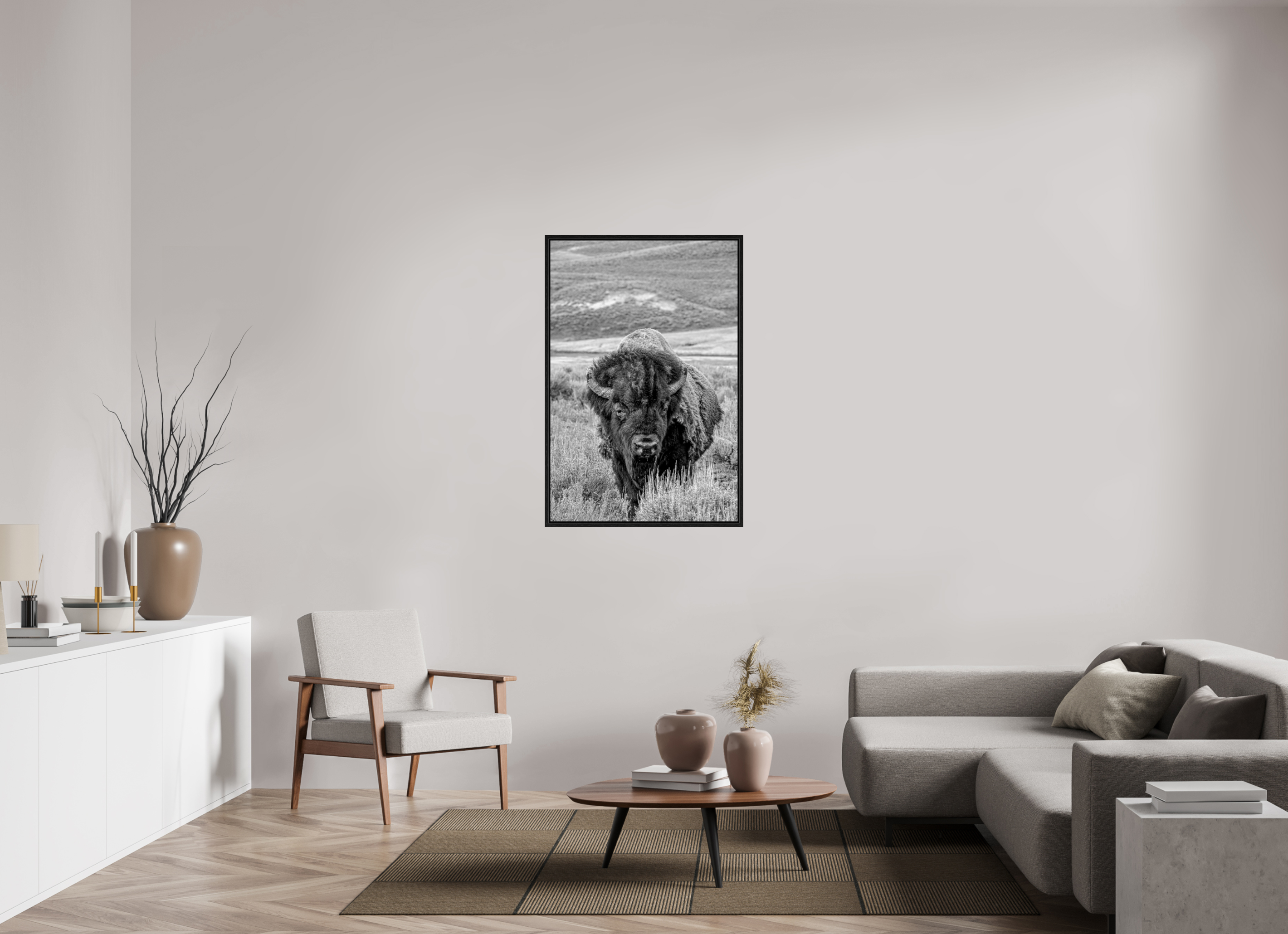 30 x 45″, Floater Frame Black and White Bison Portrait