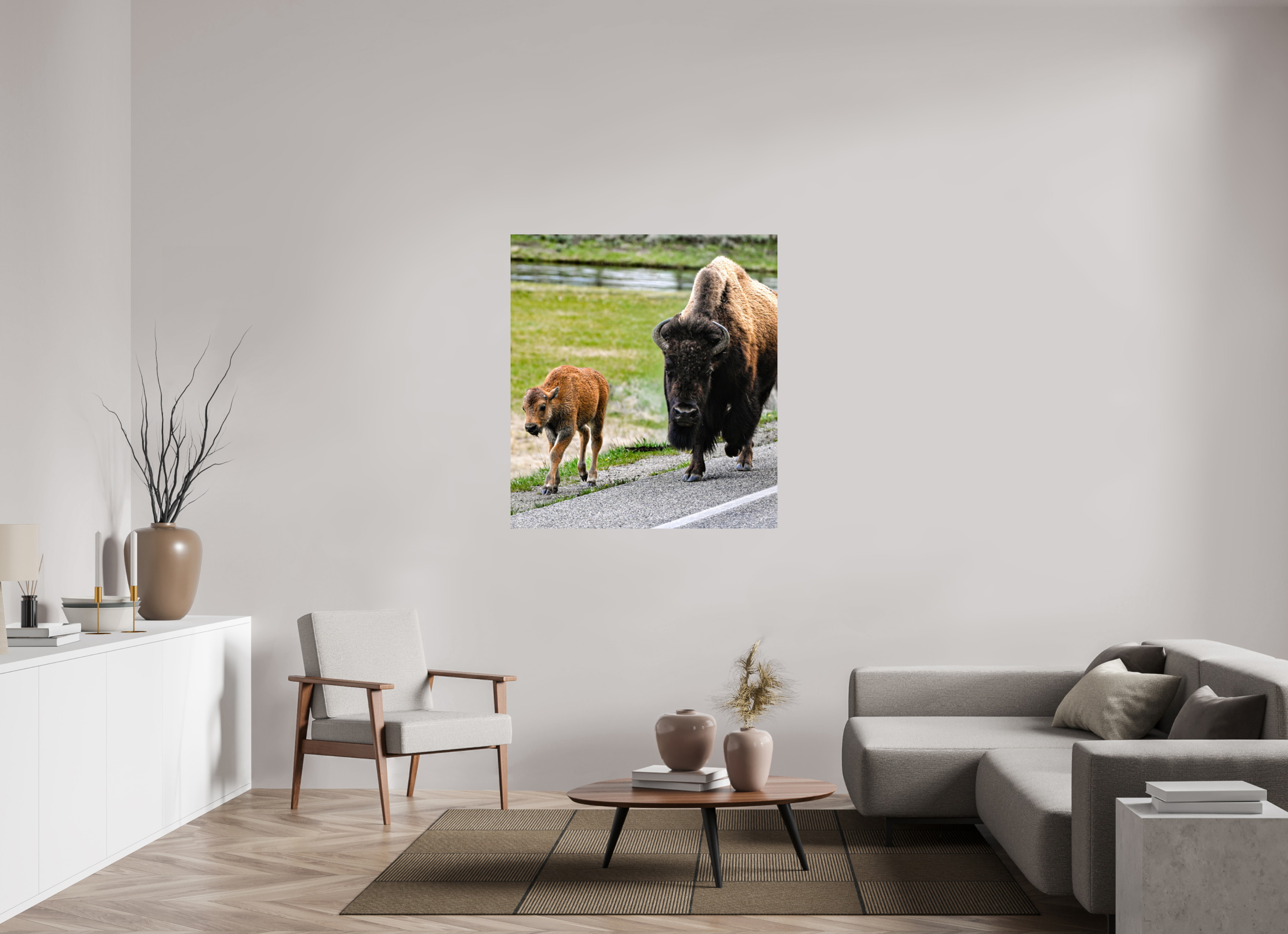 43 x 47.4″, PHOTO PAPER Bison and Red Dog On the Street
