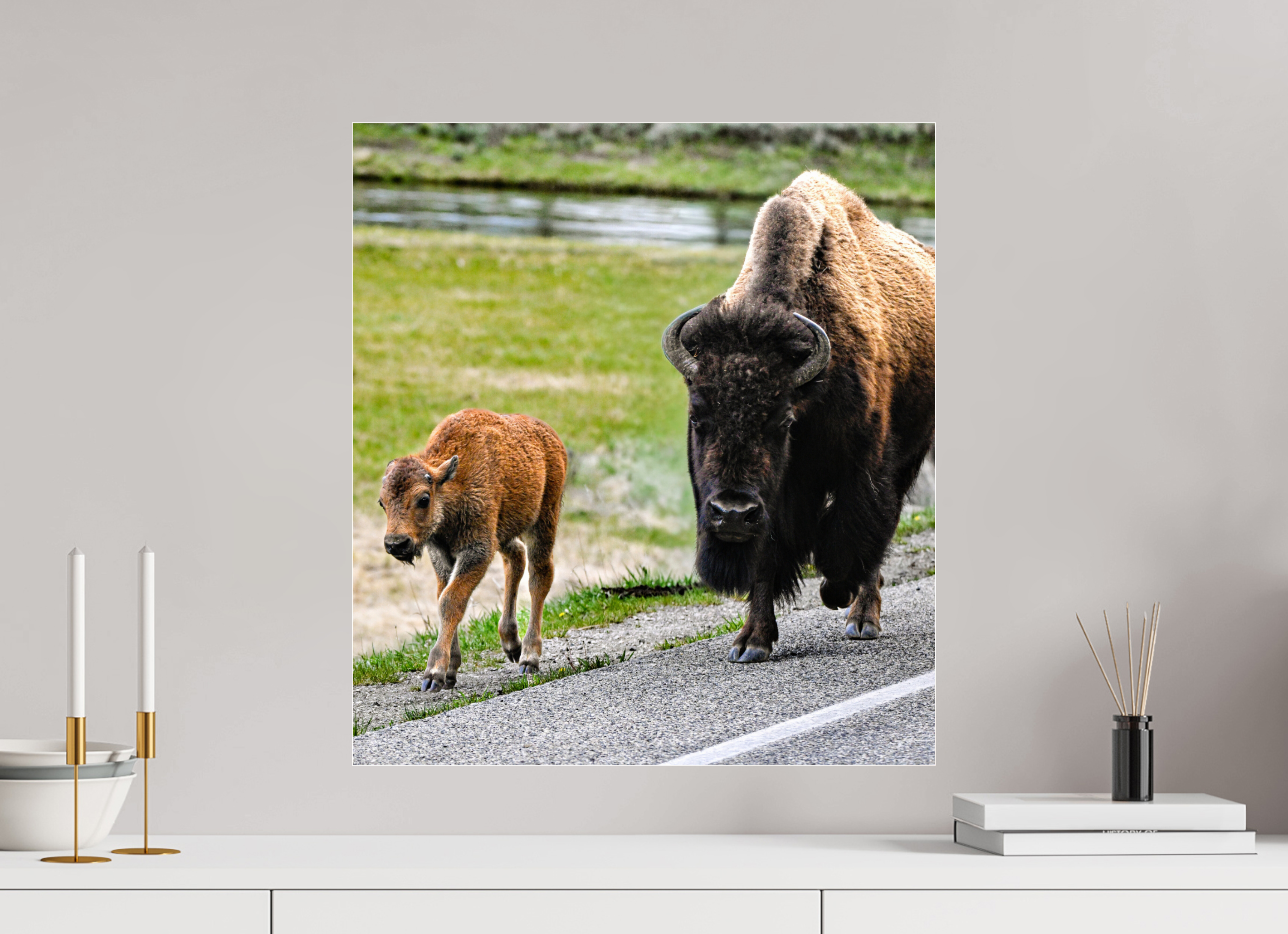 20 x 22″, ACRYLIC Bison and Red Dog On the Street