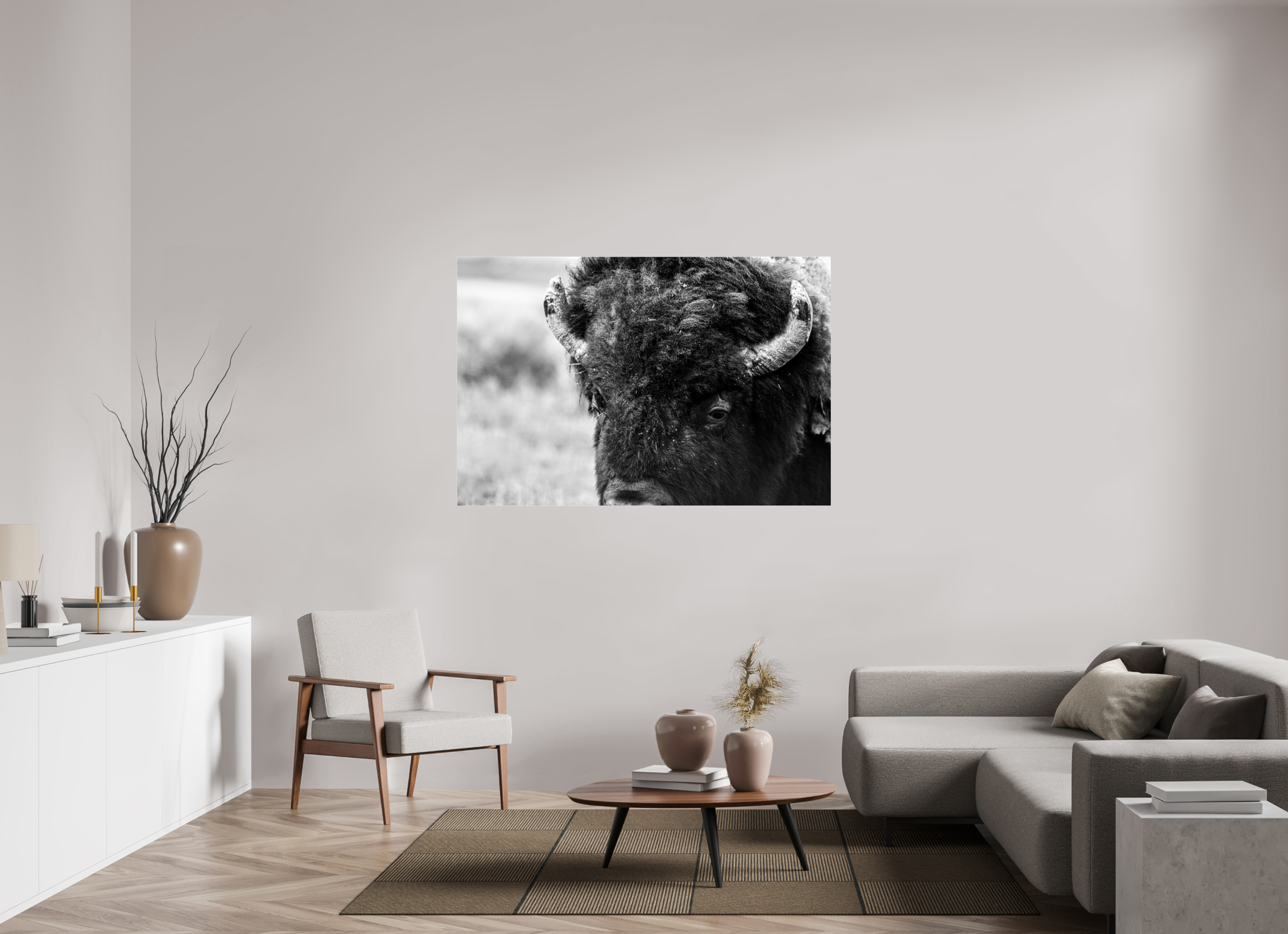 60 x 40″, ACRYLIC Bison Monochrome Portrait Close up