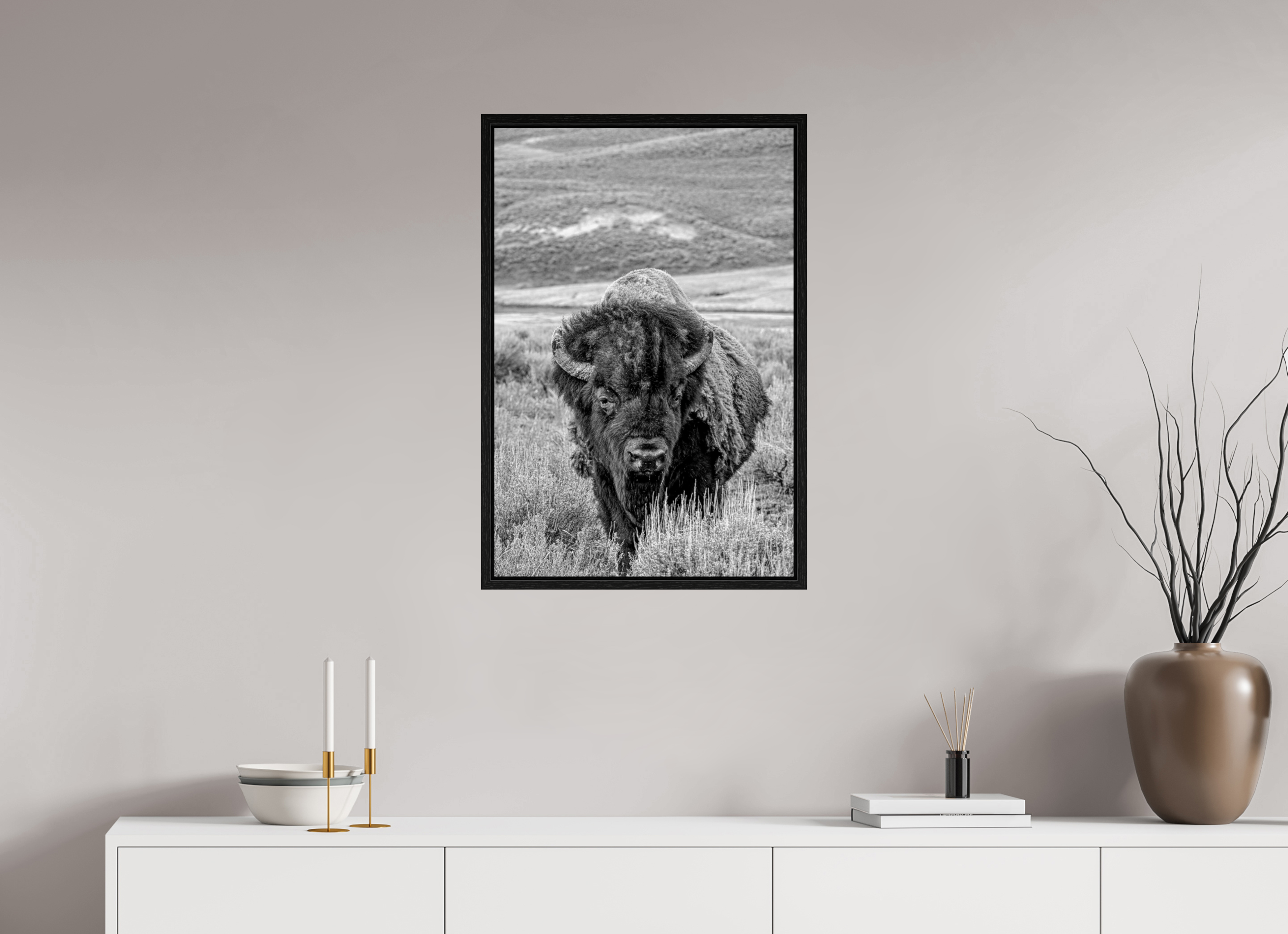 20 x 30″, Floater Frame Black and White Bison Portrait