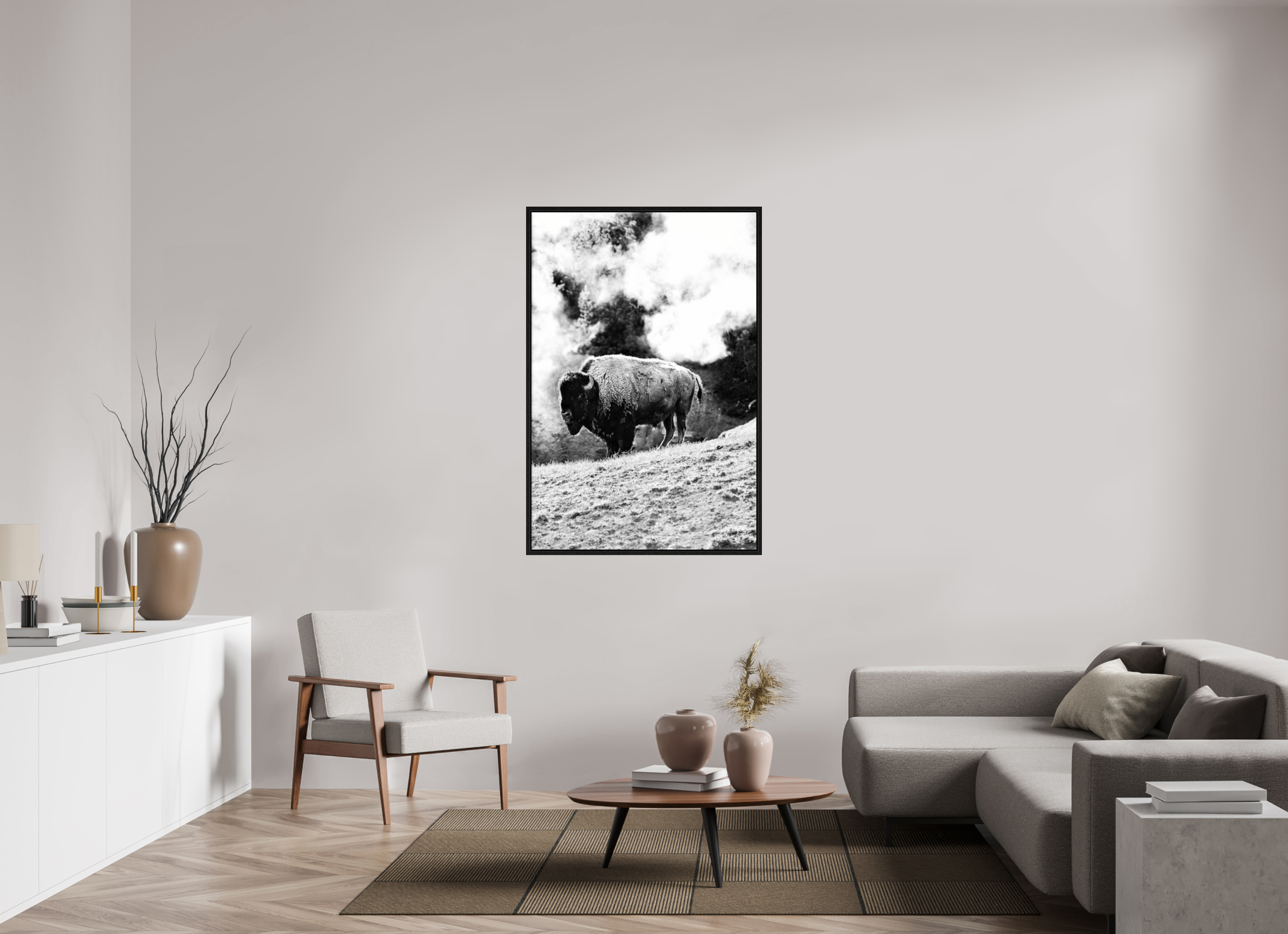36 x 54″, Floater Frame Black and White Bison with steam background