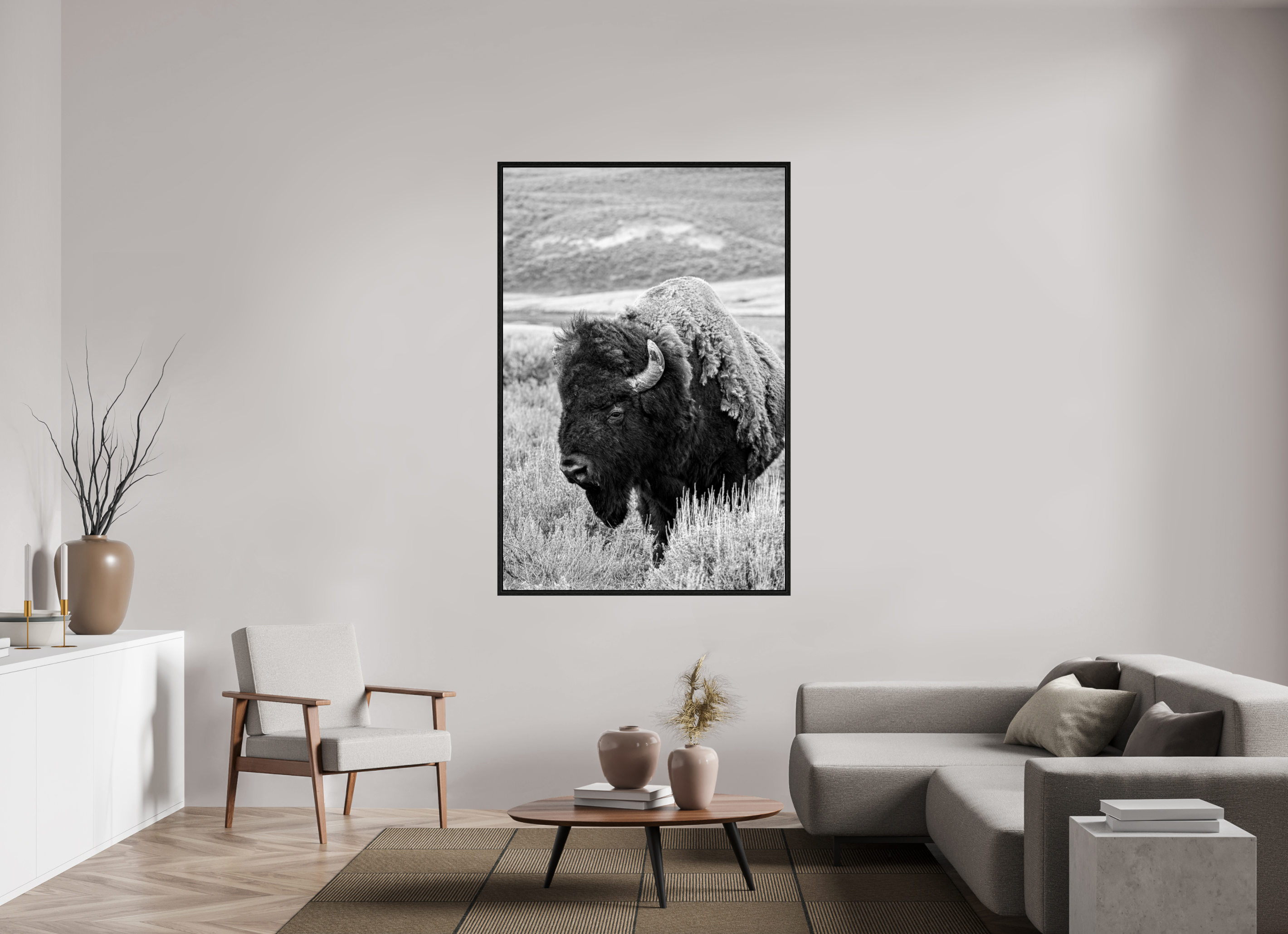 44 x 66″, Floater Frame Black and White Bison Side Profile