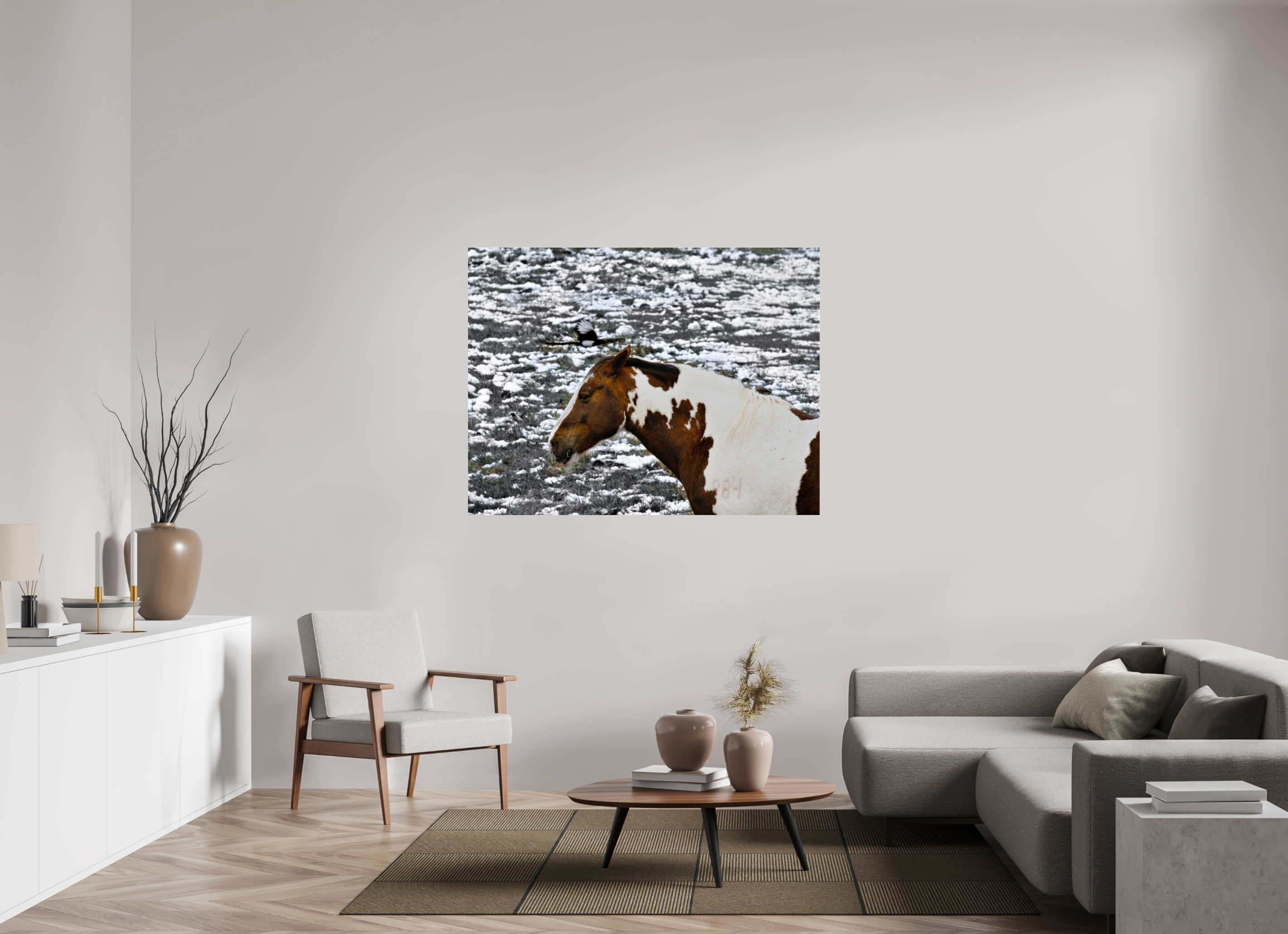 56.5 x 43″, ACRYLIC Paint Horse with Bird Flying Over