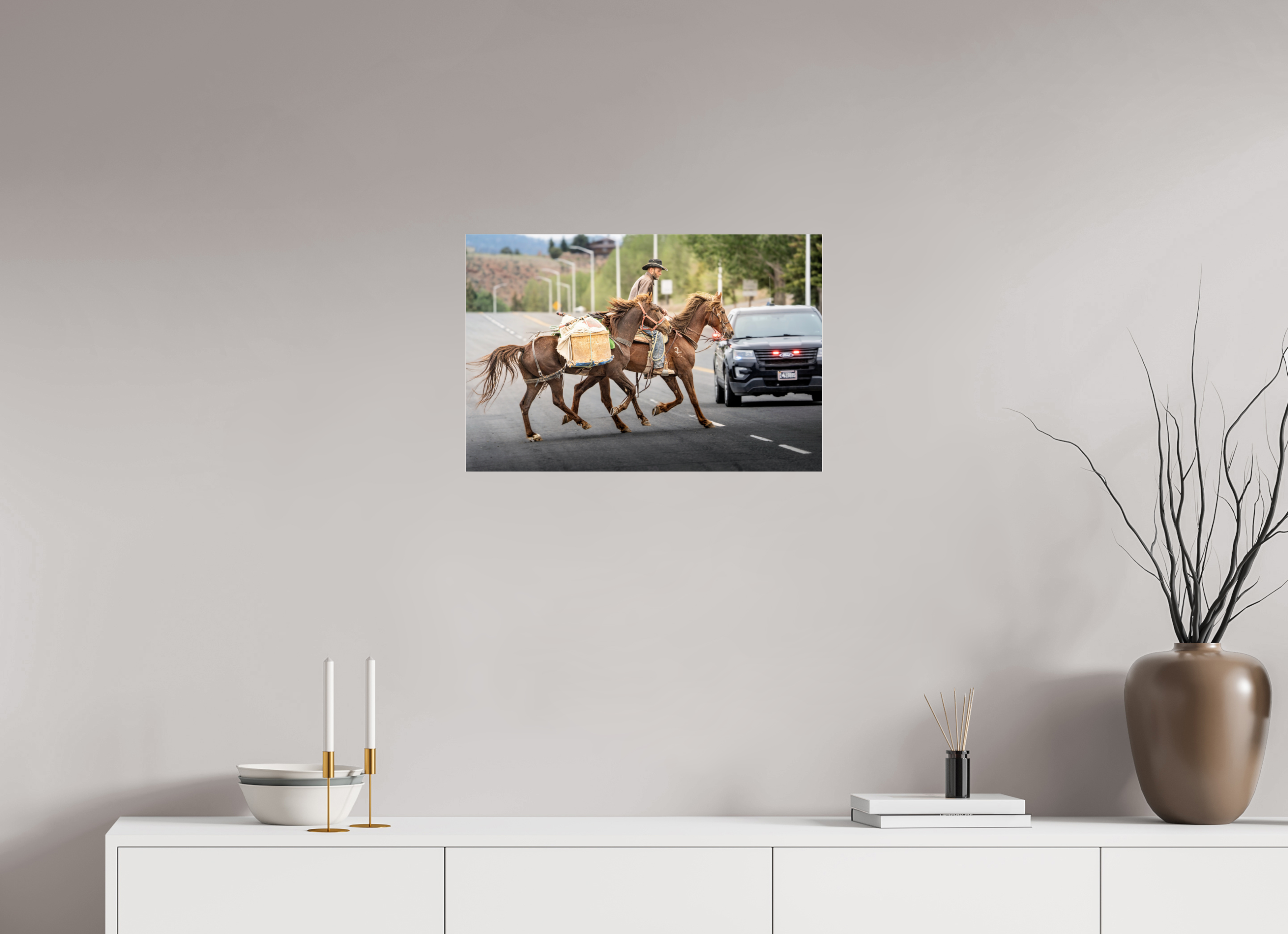24 x 16″, ACRYLIC Pack Horses Crossing the Street