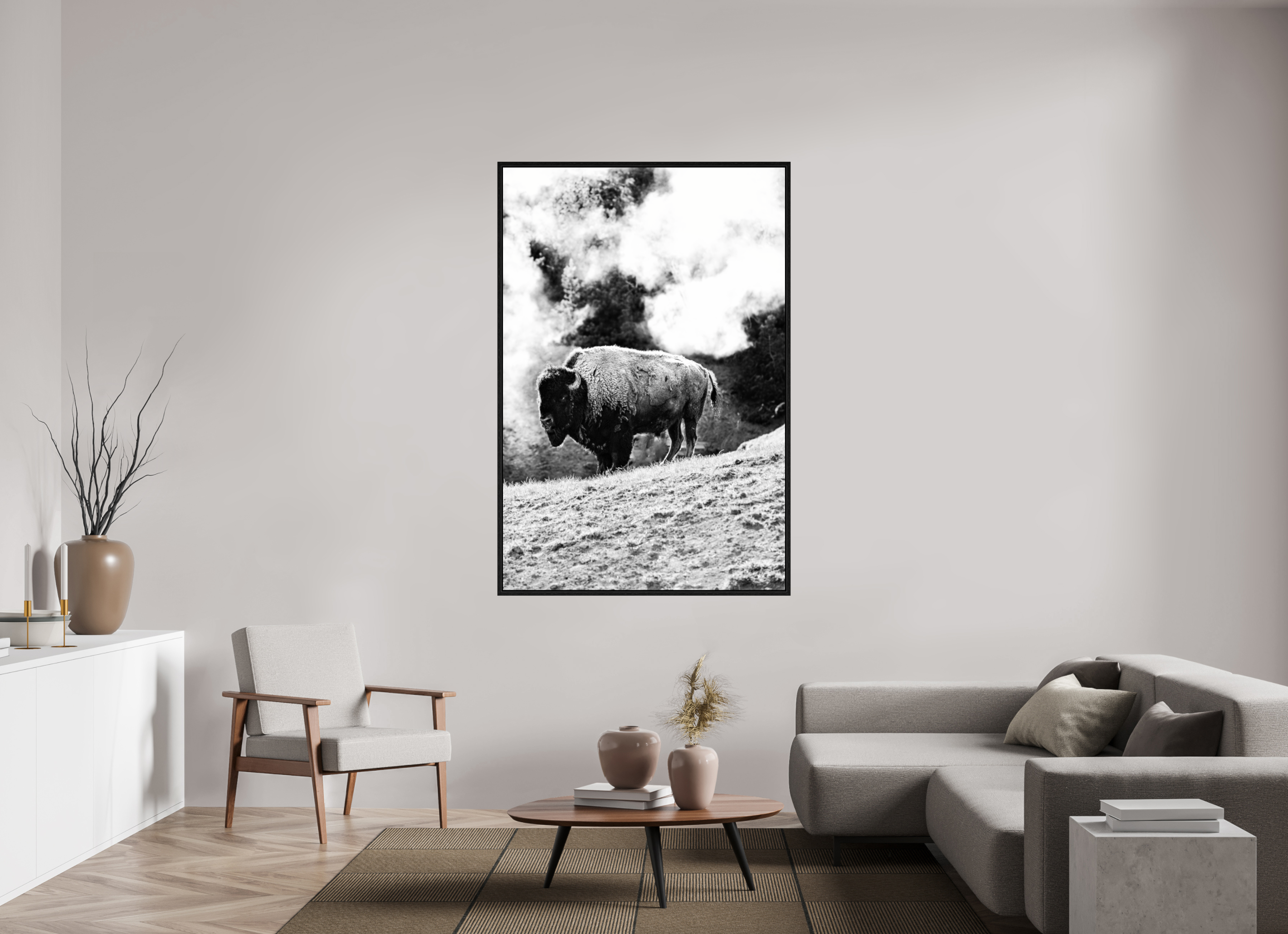 44 x 66″, Floater Frame Black and White Bison with steam background