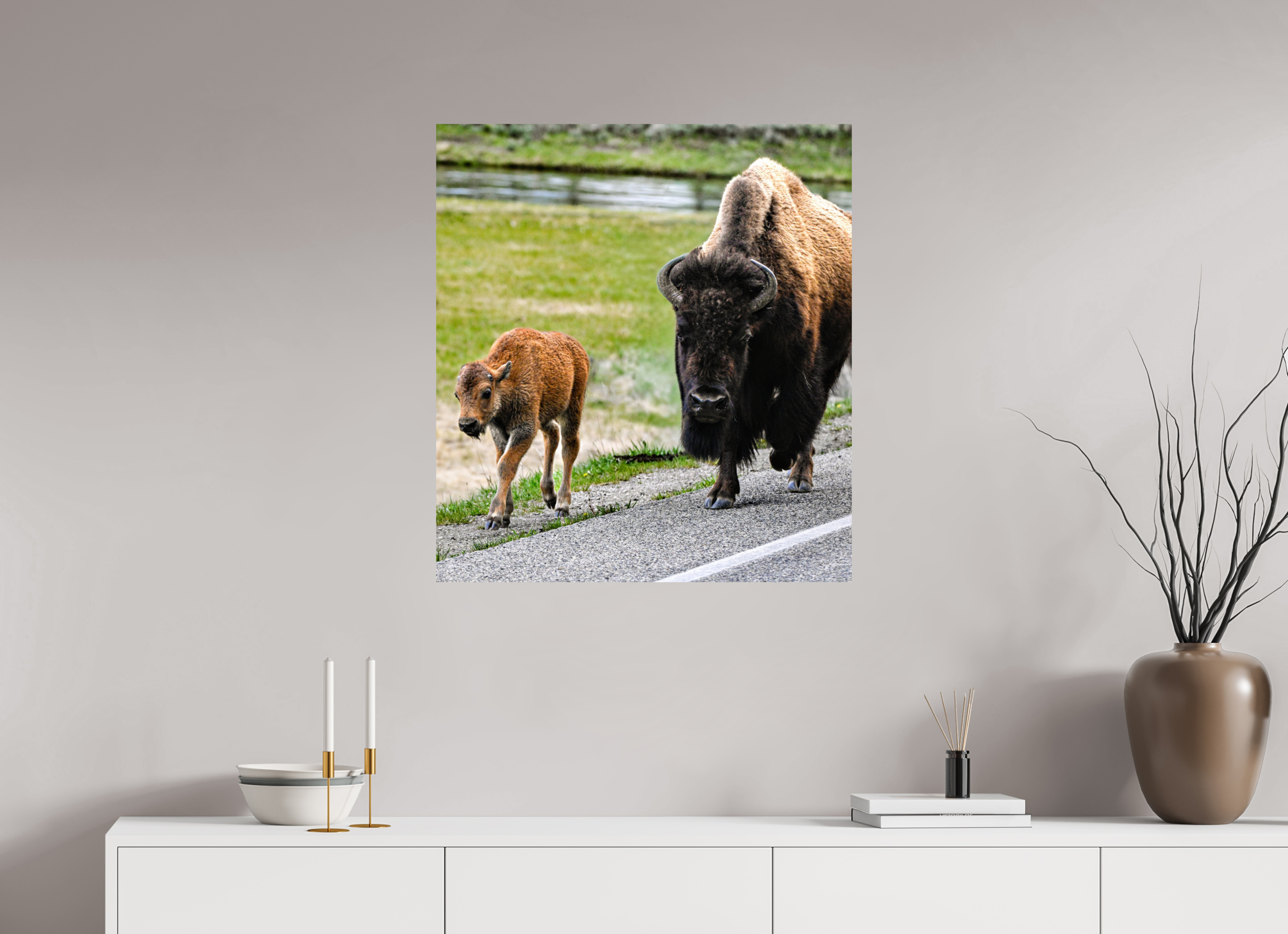 28 x 30.9″, METAL Bison and Red Dog On the Street