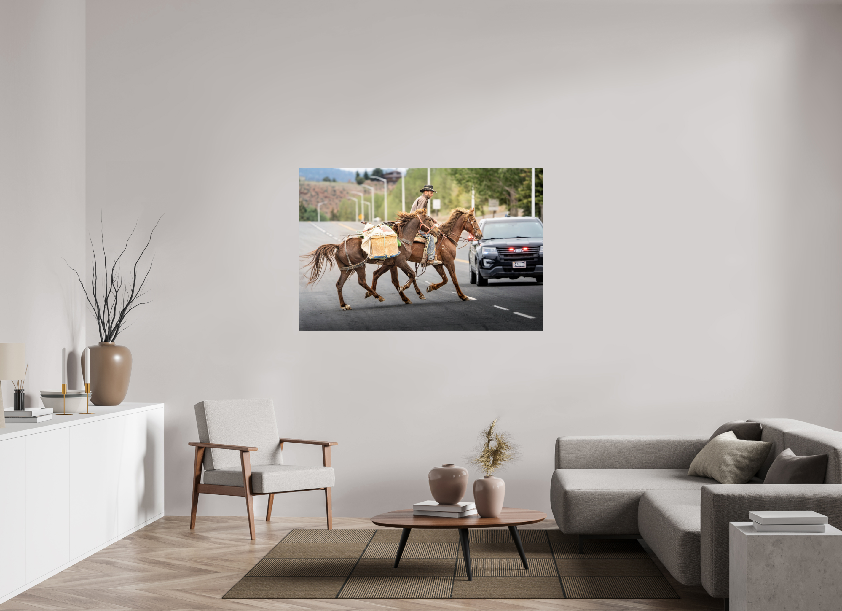 60 x 40″, ACRYLIC Pack Horses Crossing the Street