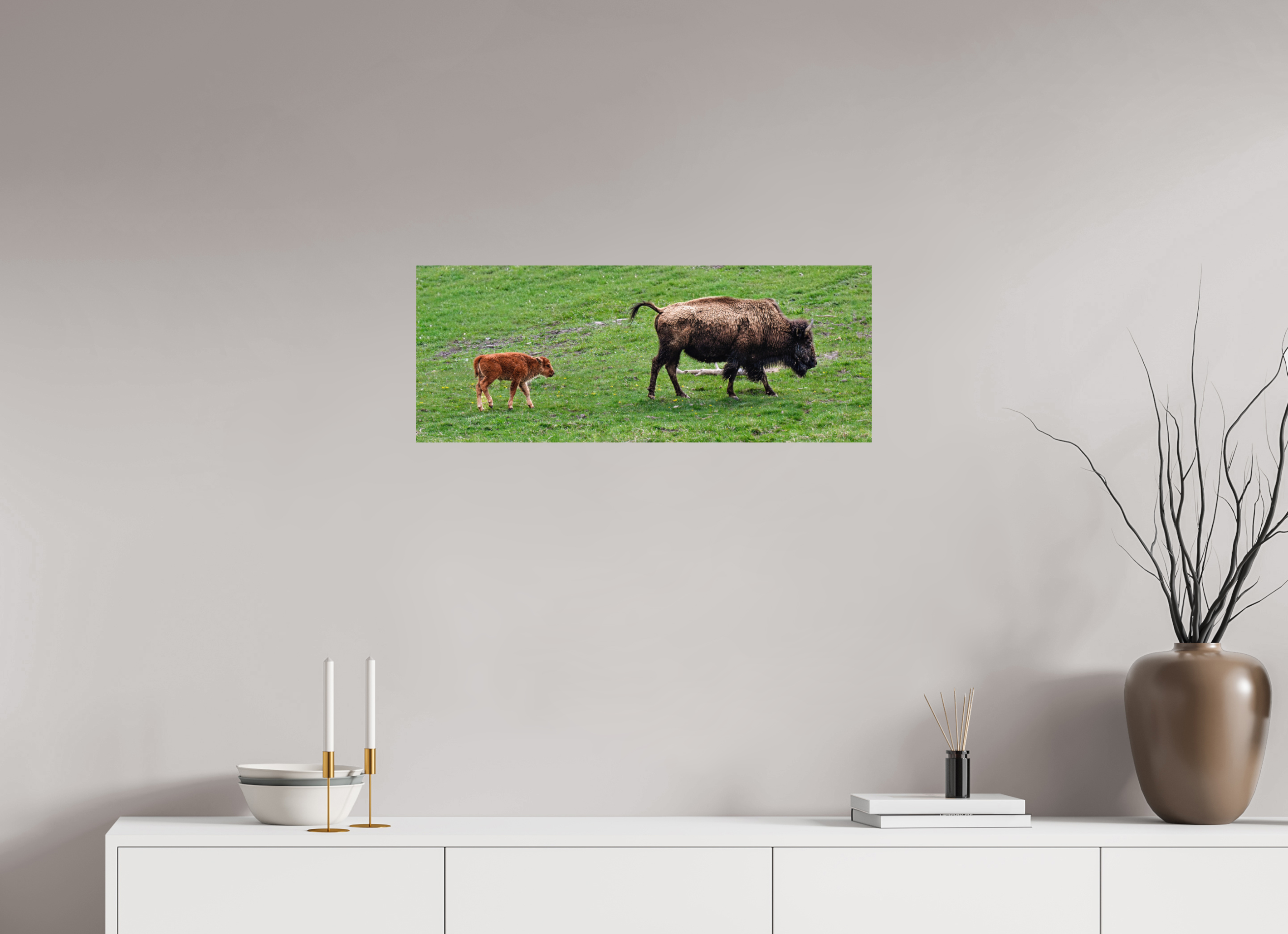 30.9 x 12″, PHOTO PAPER Bison and her Red Dog Following