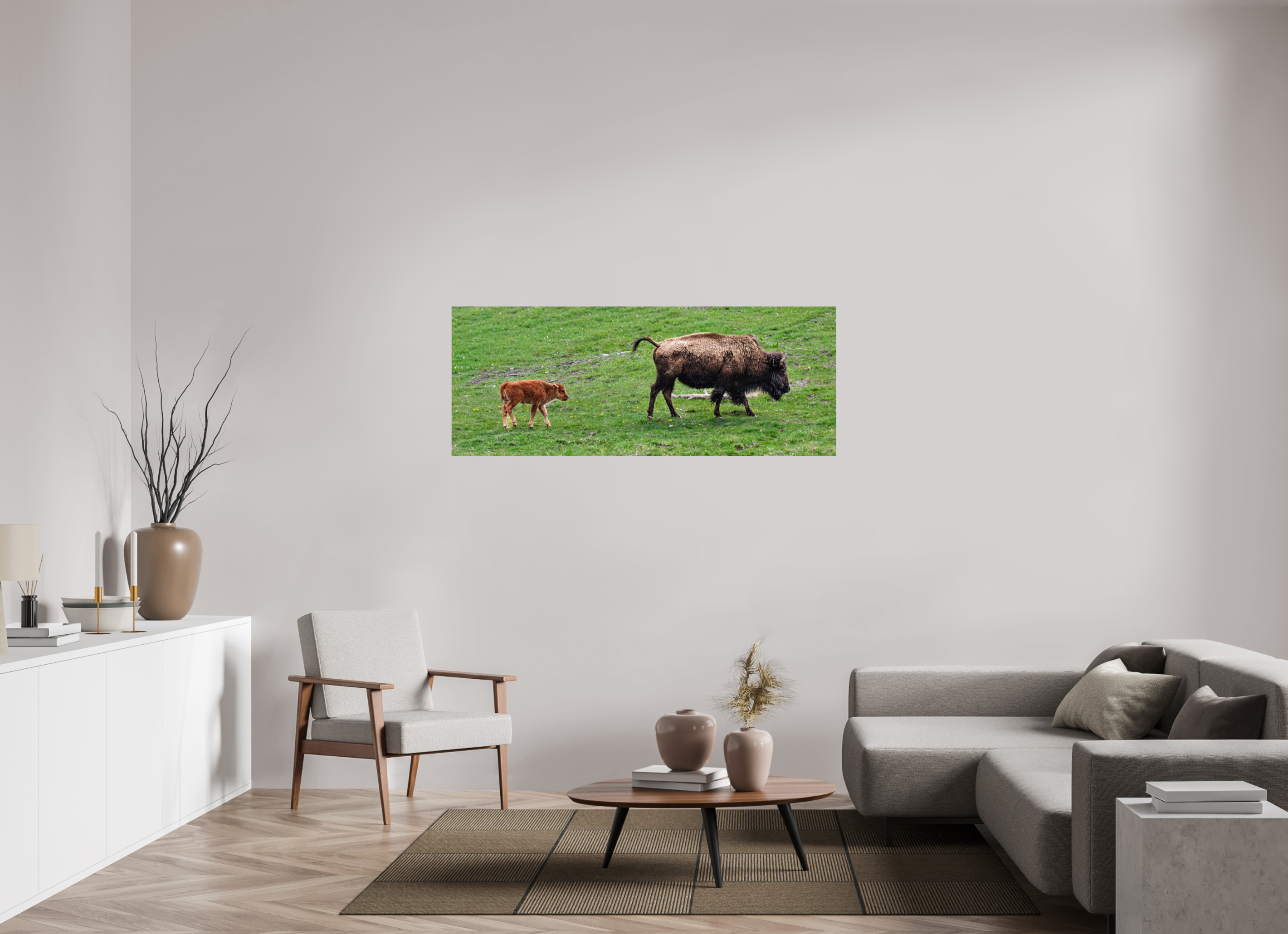 61.8 x 24″, METAL Bison and her Red Dog Following