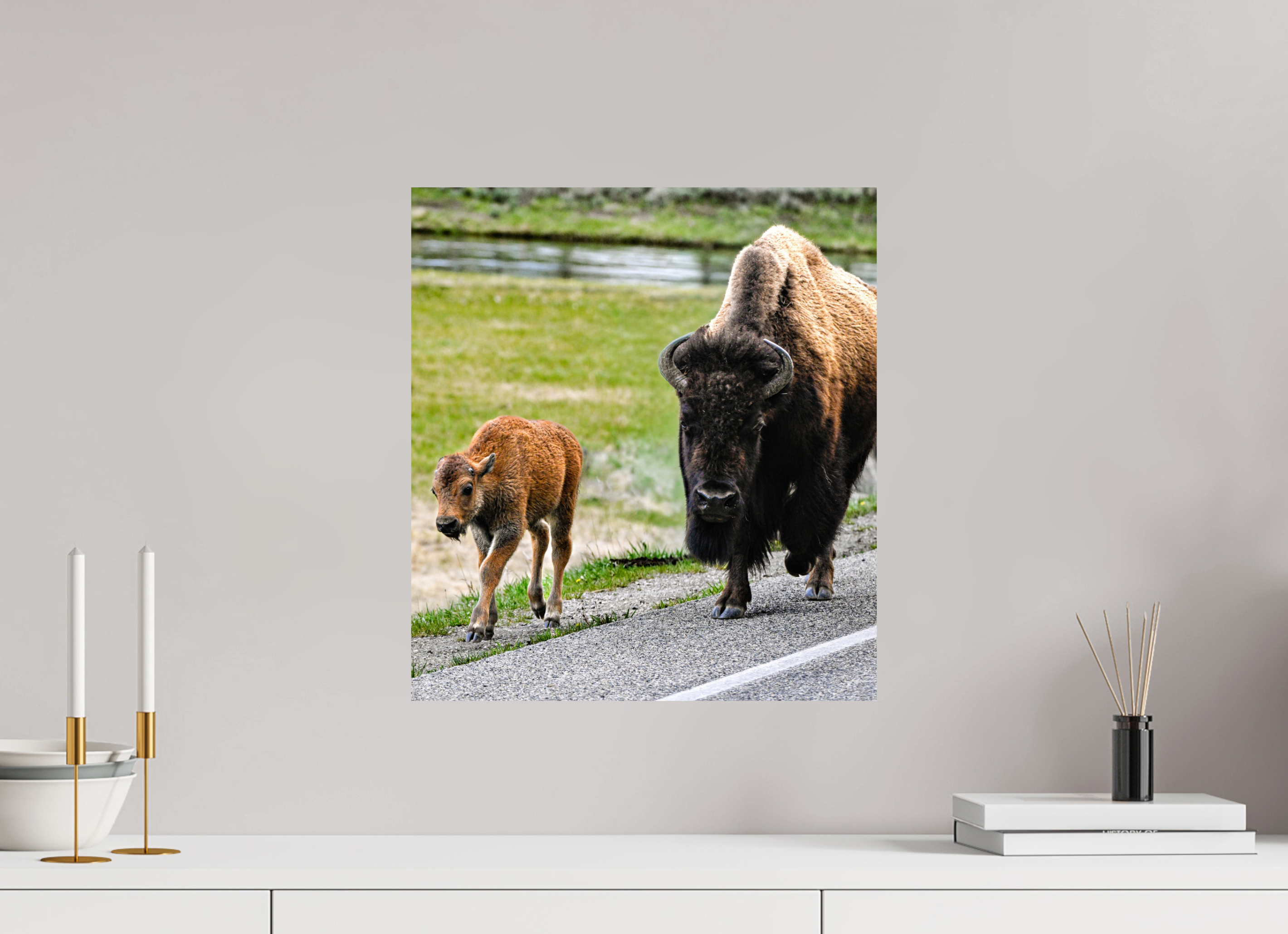 16 x 17.6″, METAL Bison and Red Dog On the Street